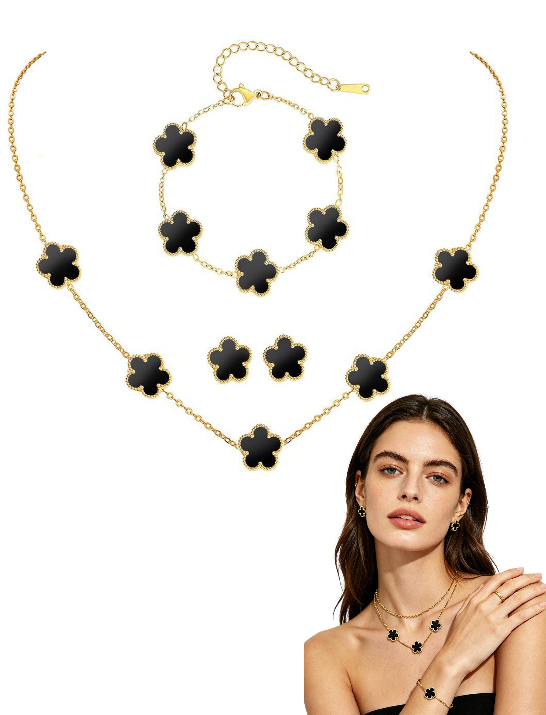 MOPUEA Schmuckset Kleeblatt Schmuck-Set Armband Halskette & Ohrringe mit Geschenkbox