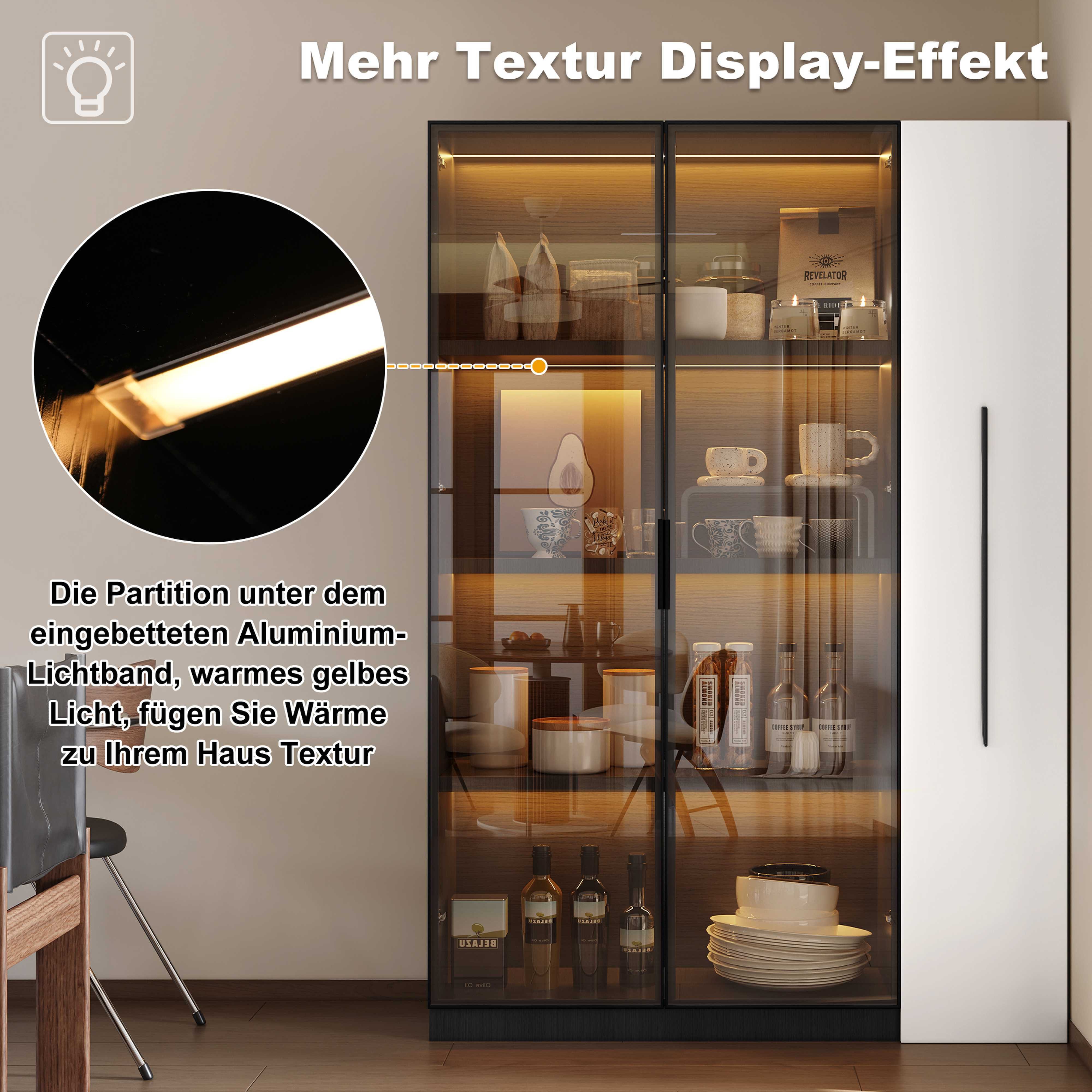 BlingBin Stauraumvitrine Multifunktionsschrank Glasvitrine (1-St., Bücherregal mit LED-Vitrine & seitlichem Auszugsschrank auf Rollen) Soft-Close-Scharniere, Warmgelbe Beleuchtung, 110,5×35×160 cm
