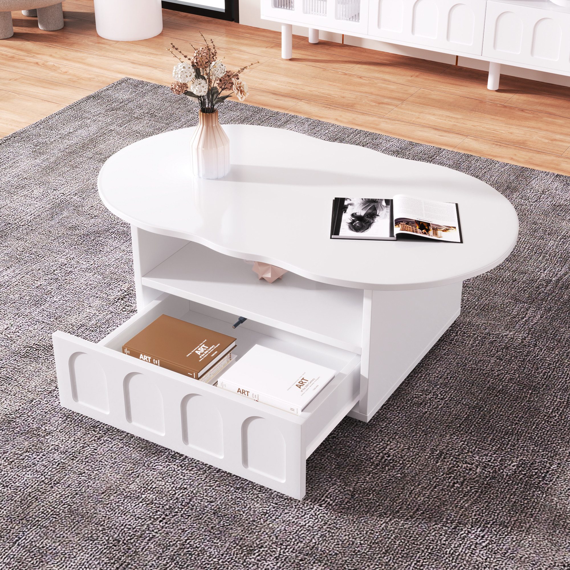 BlingBin Couchtisch Wolkenförmiger Kaffeetisch Beistelltisch Sofatisch Teetisch (1er Set, 1-St., 100*60*39.2 cm, Produktladung: 30KG), Wohnzimmertisch mit Schubladen und Ablagefächern, Spanplatte, Weiß