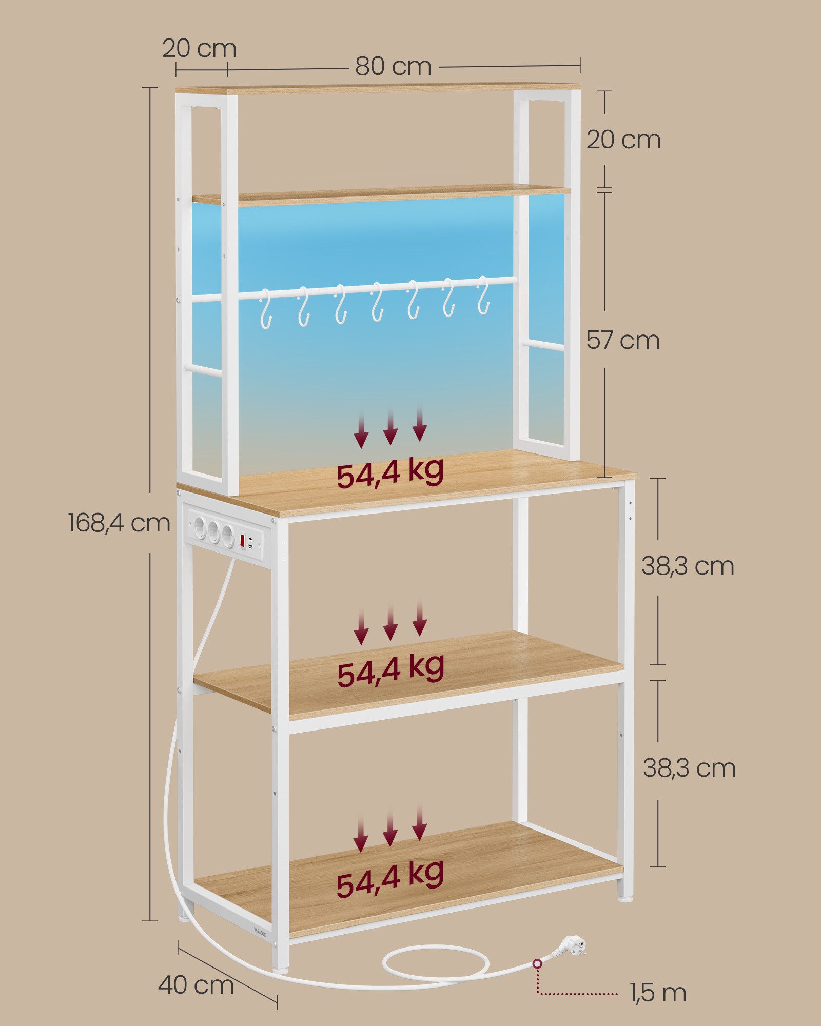 VASAGLE Standregal, mit LED-Beleuchtung, Steckdosen, verstellbaren Ablagen, 8 Haken