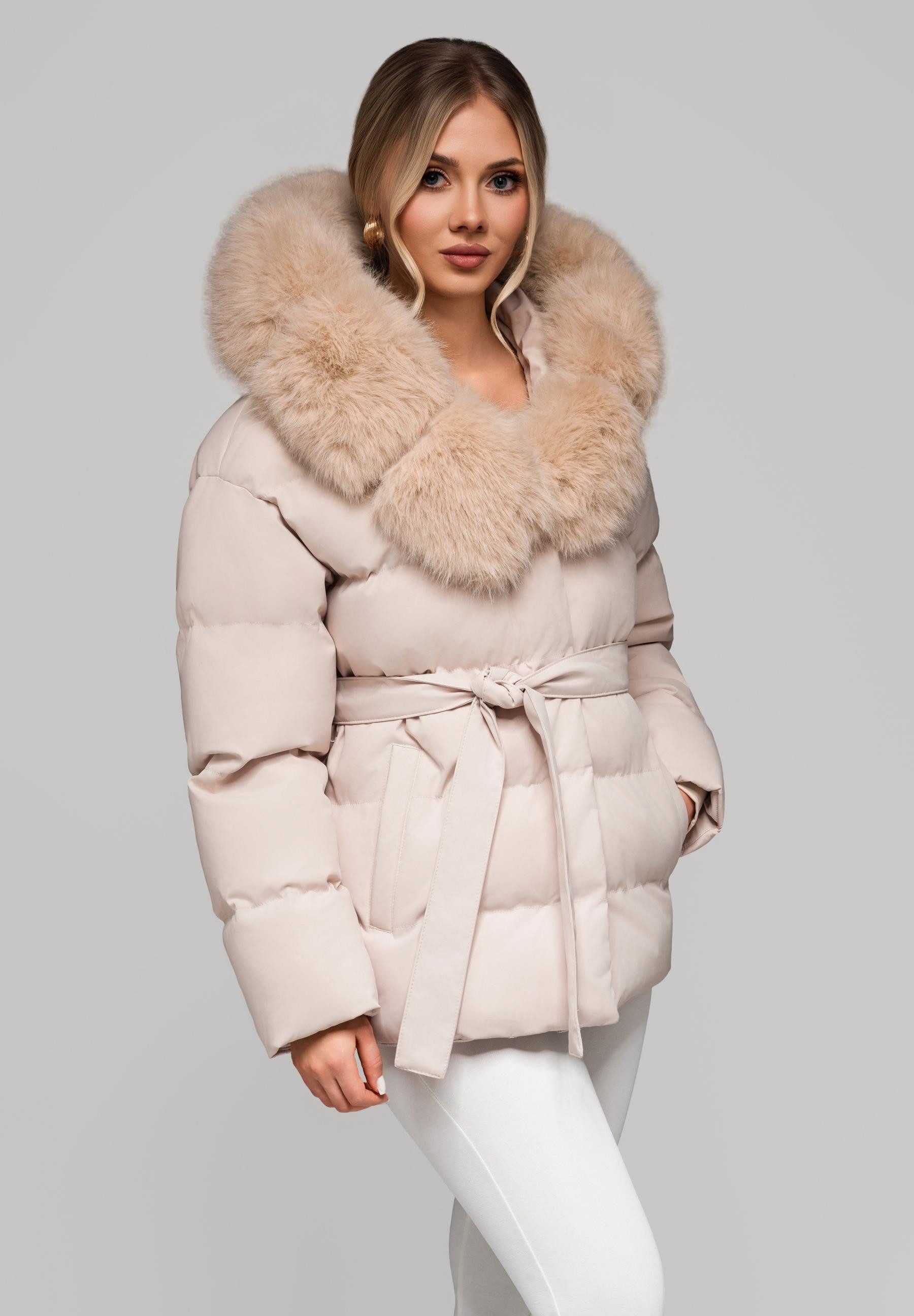 OMBRE Winterjacke Warme Damen Steppjacke mit Gürtel und abnehmbarem Kunstpe günstig online kaufen
