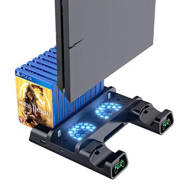 Novzep Multifunktionaler Kühlständer kompatibel mit PS4/PS4 Slim/PS4 Pro, Batterie-Ladegerät (vertikaler Kühlerlüfter mit Ladestation, 10 Spielspeicherplätze)