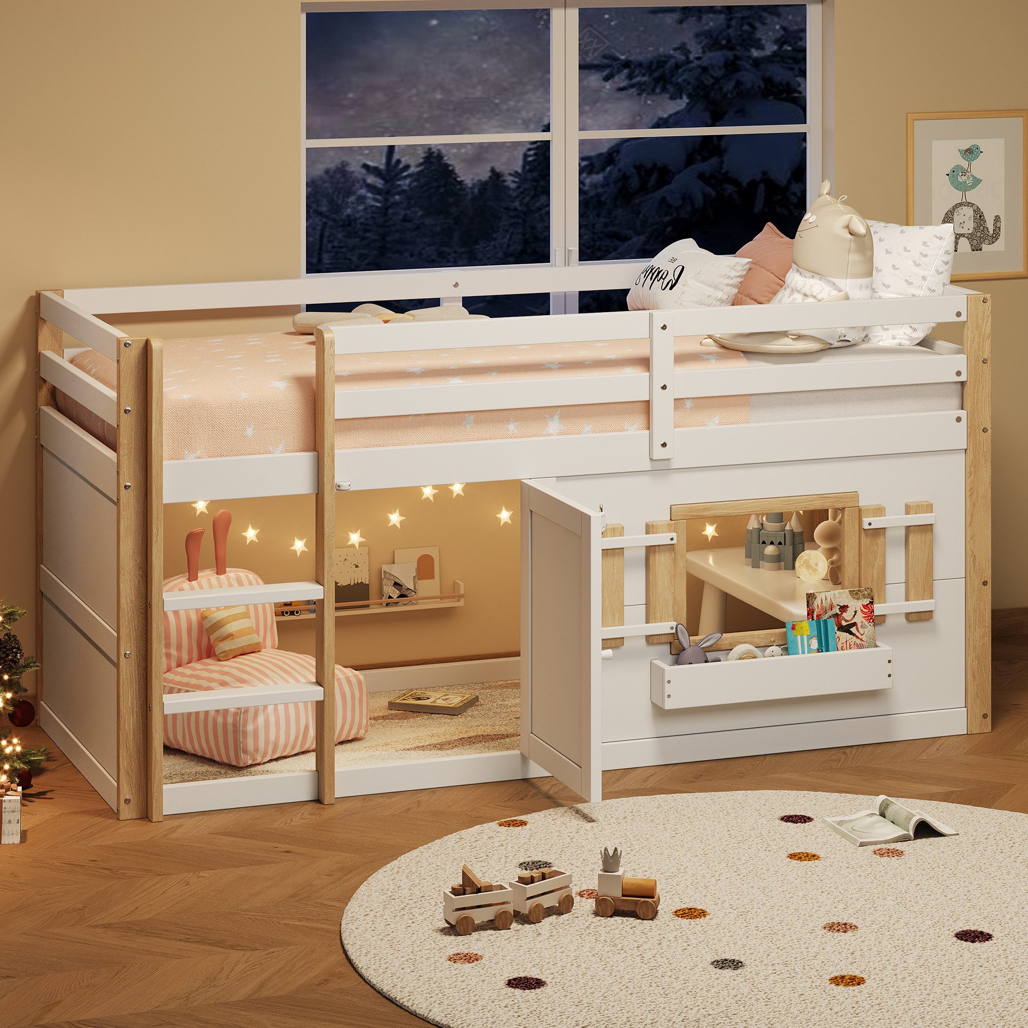 STILVORA Hochbett 90x200 mit Leiter,KinderbettHolzbett mit Geländer,weiß(mit Matratze) (Etagenbett, Kinderbett, 2-St., 90 x 200 cm, ohne Matratze) mit Leiter, Massivholz + MDF