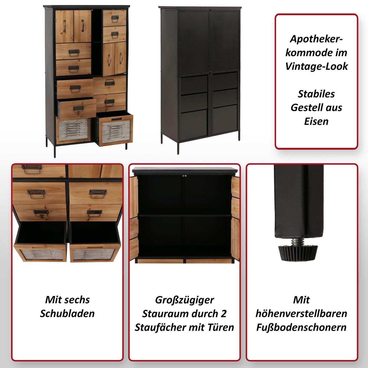 MCW Apothekerschrank MCW-O80-n Mit sechs Schubladen, Im Vintage-Look