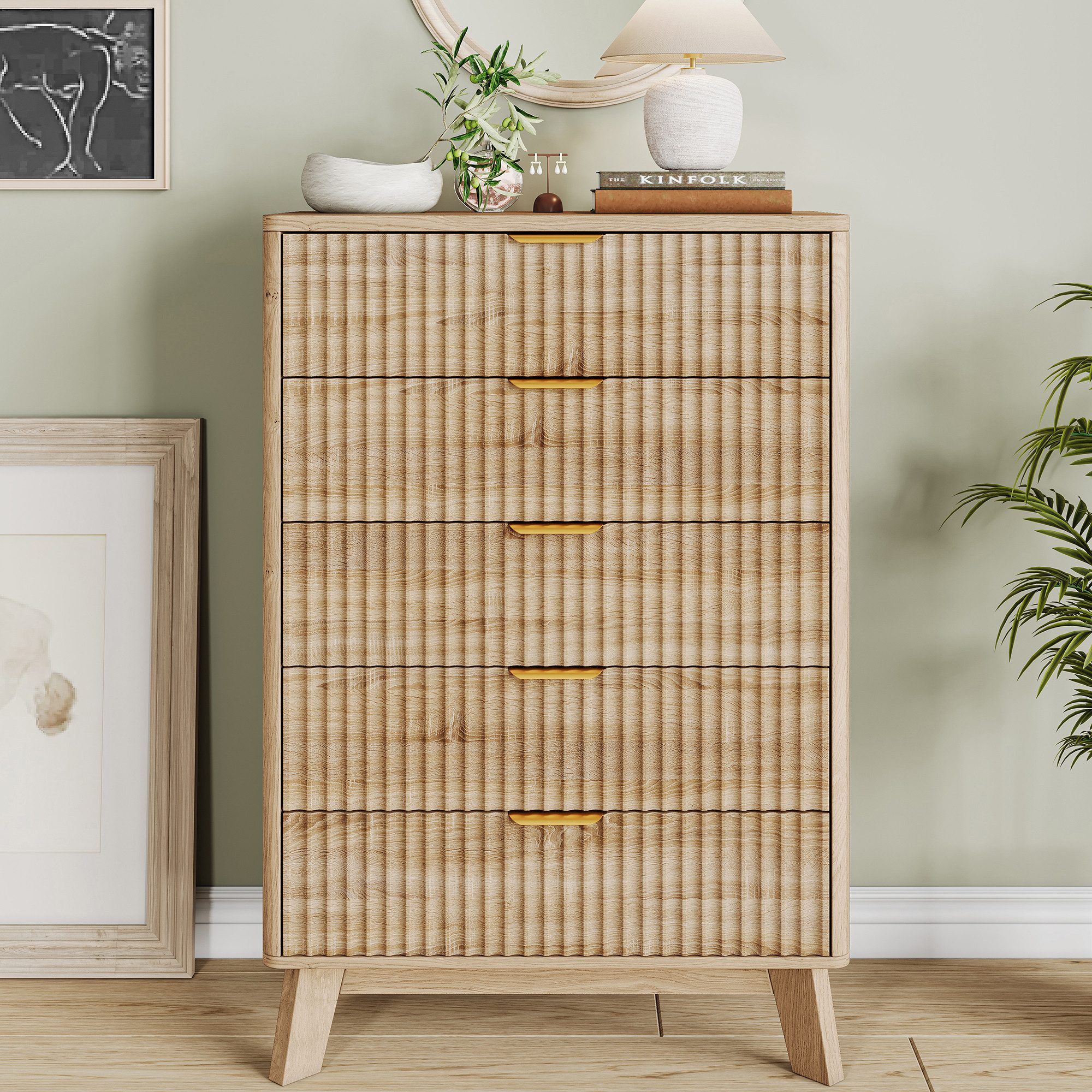 FUROKOY Kommode mit 5 Schubladen Holz Schrank, Sideboard mit Metallgriff,Wellenstruktur vorne,Naturholzfarbe