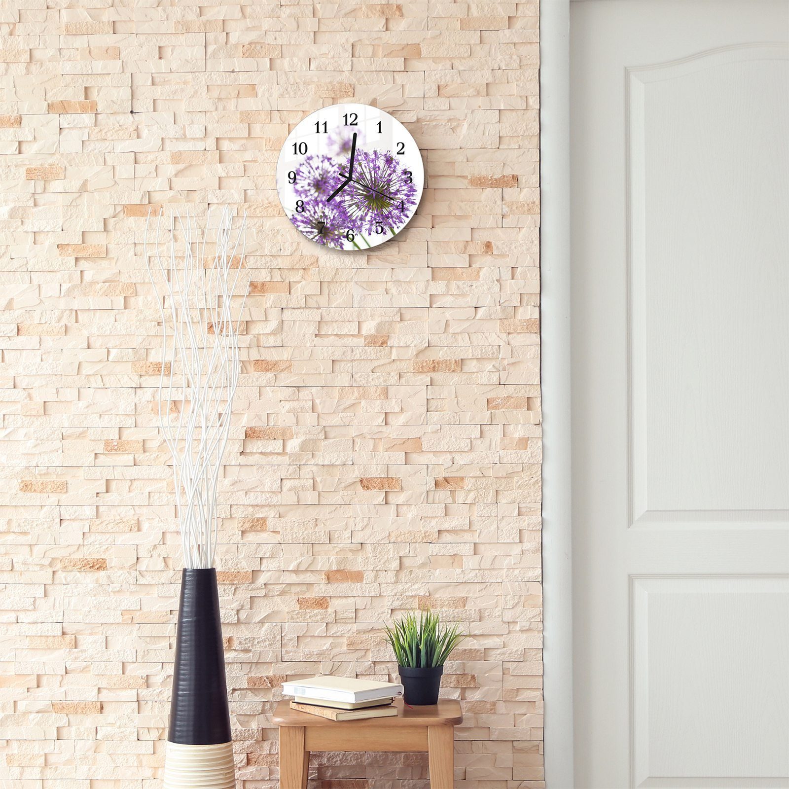 30 Glas Durchmesser aus Blüte mit cm - Primedeco und Motiv Digitale Quarzuhrwerk Wanduhr mit Wanduhr Rund