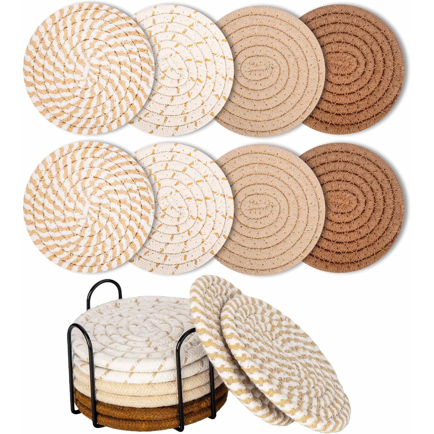 HEYHIPPO Becheruntersetzer Set geflochtene Baumwoll-Untersetzer mit Halter–rutschfest & saugfähig, Zubehör für Stellen Sie Getränke, Tassen und Gläser bereit, Set, Runde Glasuntersetzer 8er Set aus Baumwolle mit Halter –für Getränke