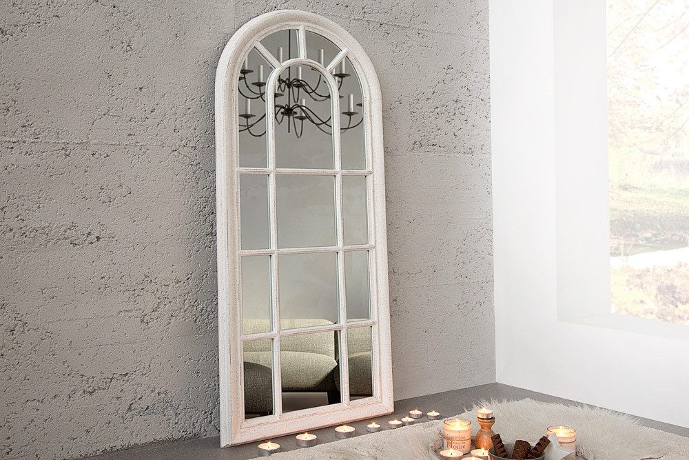 LebensWohnArt Wandspiegel Shabby Chic Rundbogen-Fenster-Spiegel 140cm weiss-antik Landhaus