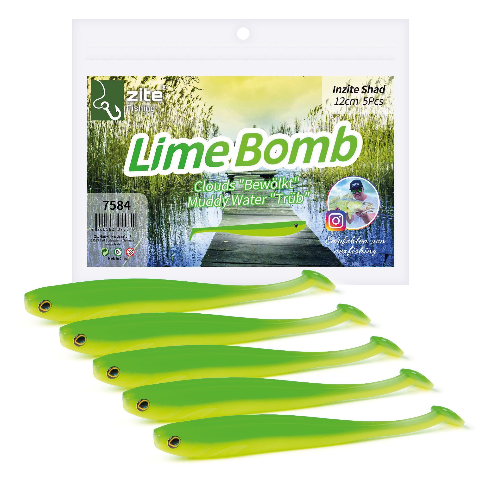 Kunstköder Inzite Shad Lime Bomb - Zander Gummiköder 12 cm 5 Stück