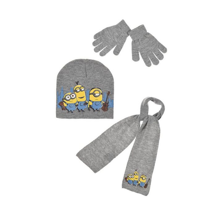 Minions Beanie Kinder Jungen Winter-Set Mütze Schal Handschuhe (SET) Grau