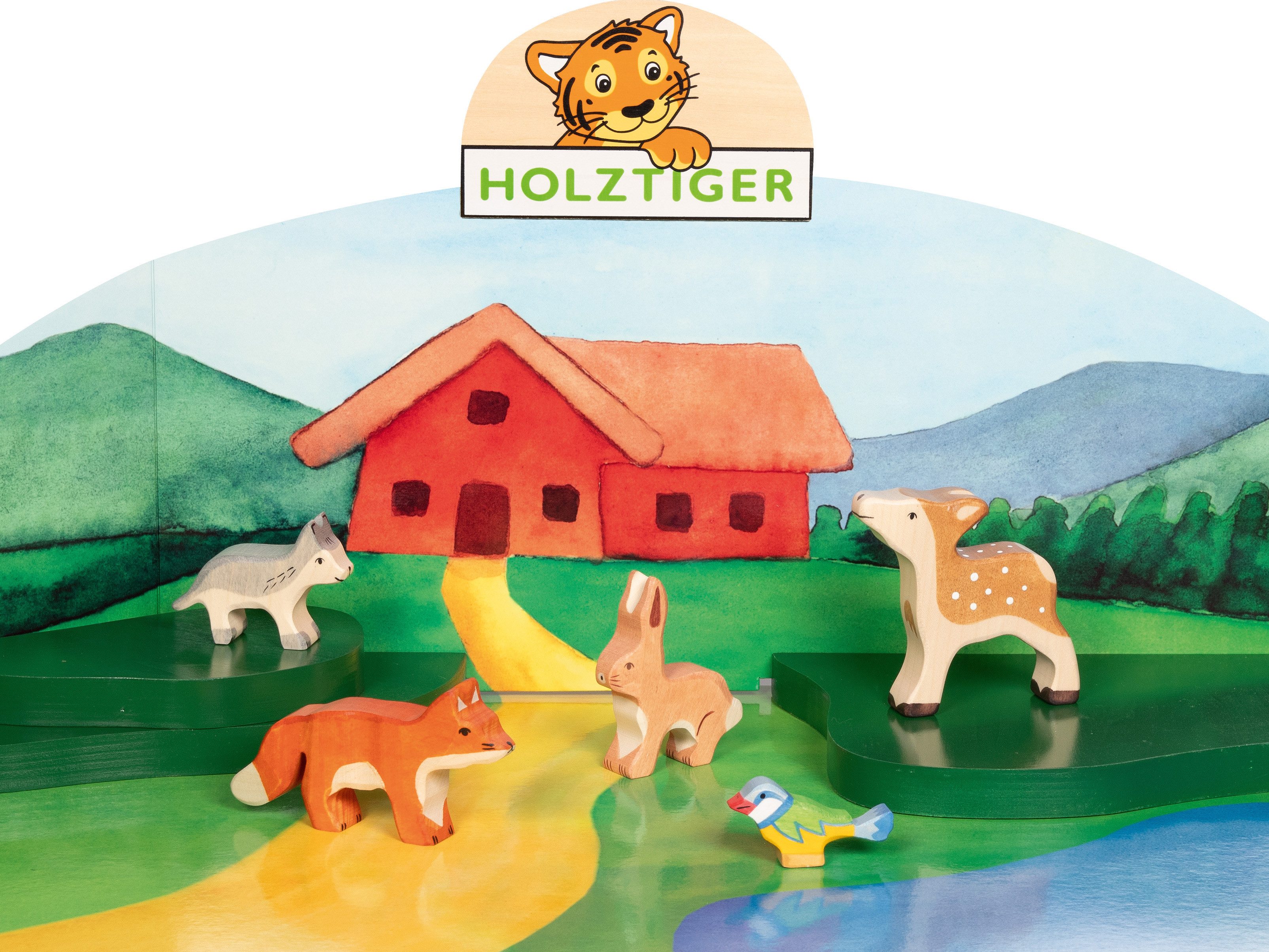 Holztiger Spielwelt Holz-Waldtiere für Kinder – Kitz, Fuchs, Hase, Wolf, Blaumeise, (5-tlg)