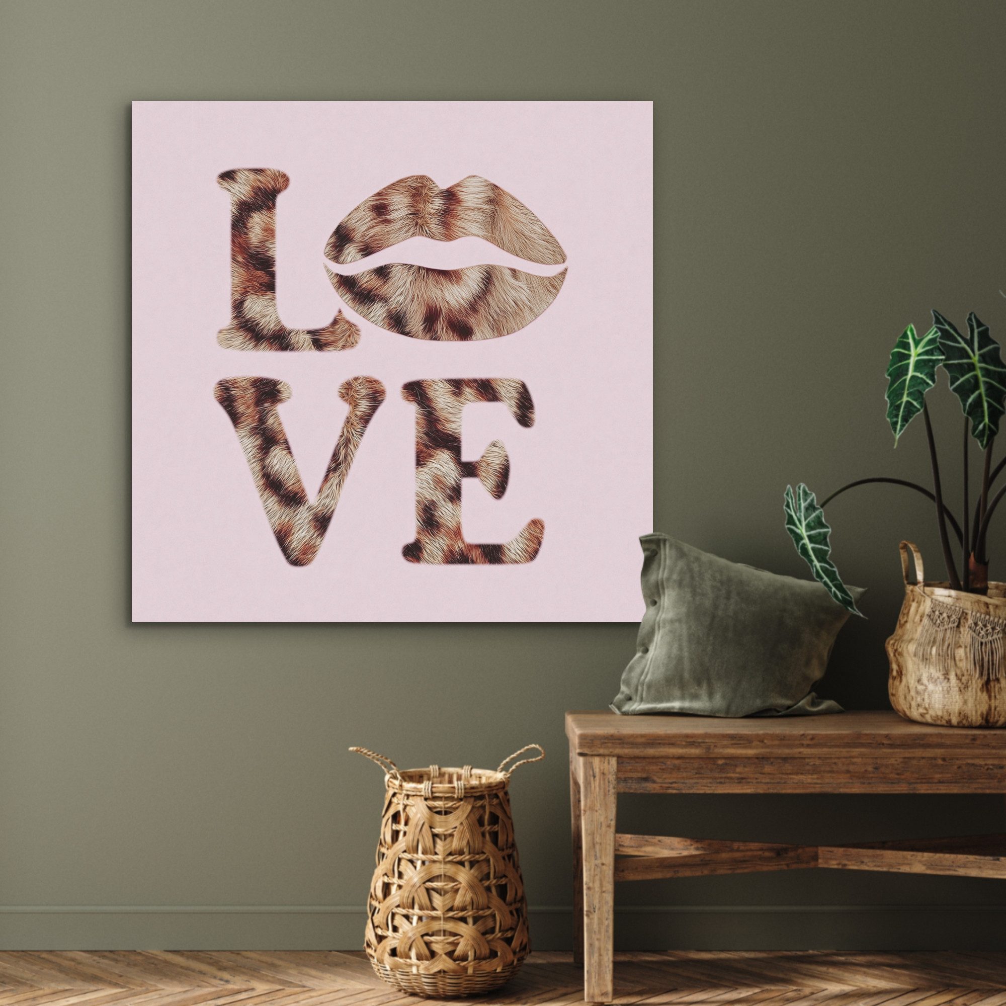 MuchoWow Gemälde Text - Liebe - Panthermantel - Hellrosa, Fotodruck (1 St), Akustikbilder PET-Filz, Wandpaneele, Akustikpaneele 90x90 cm
