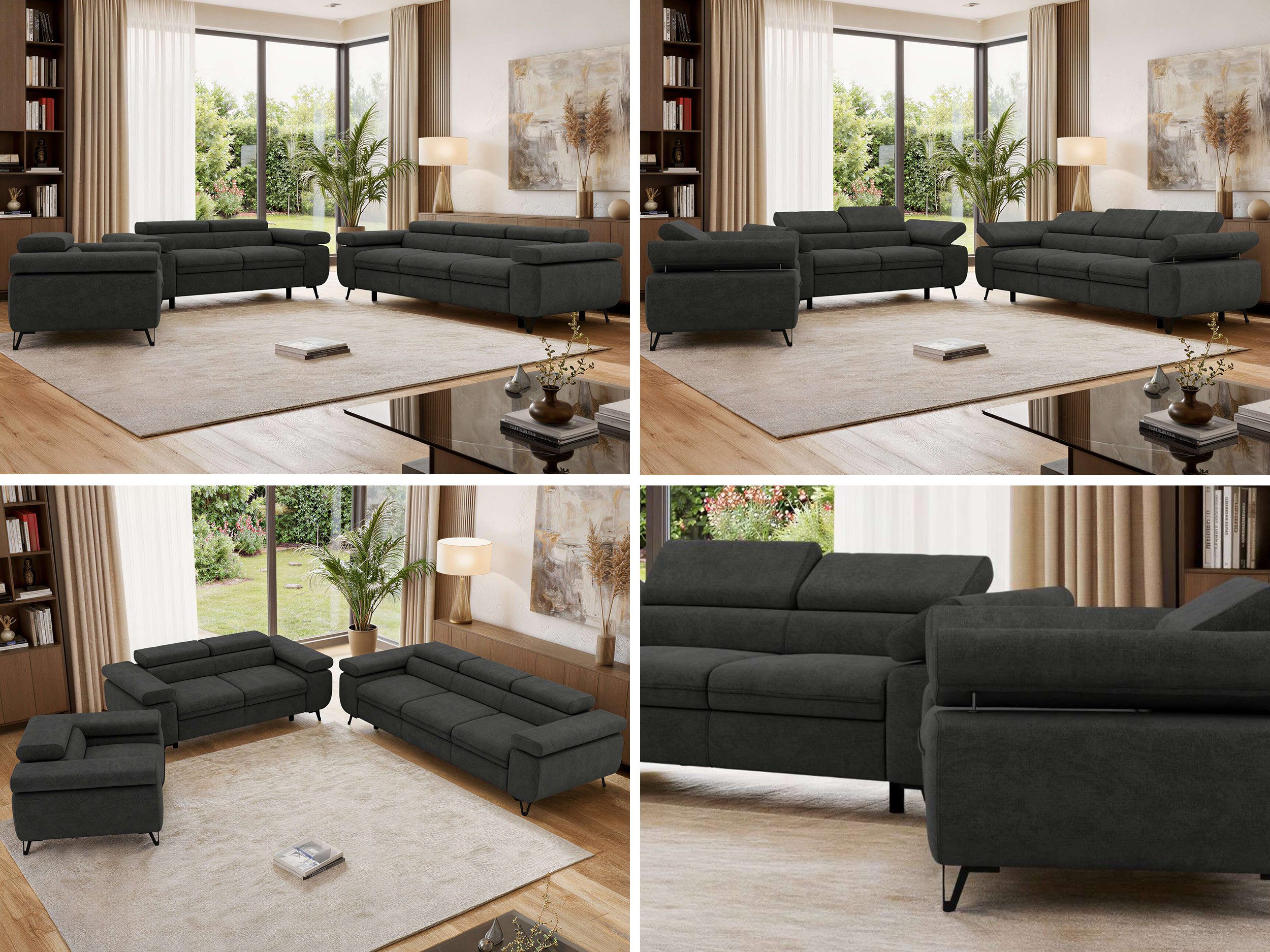 MKS MÖBEL Polstergarnitur PETER, (1+2+3, Set, modernes Sofa-Set, Couchgarnitur fürs Wohnzimmer), freistehend, verstellbare Kopfstützen und Armlehnen