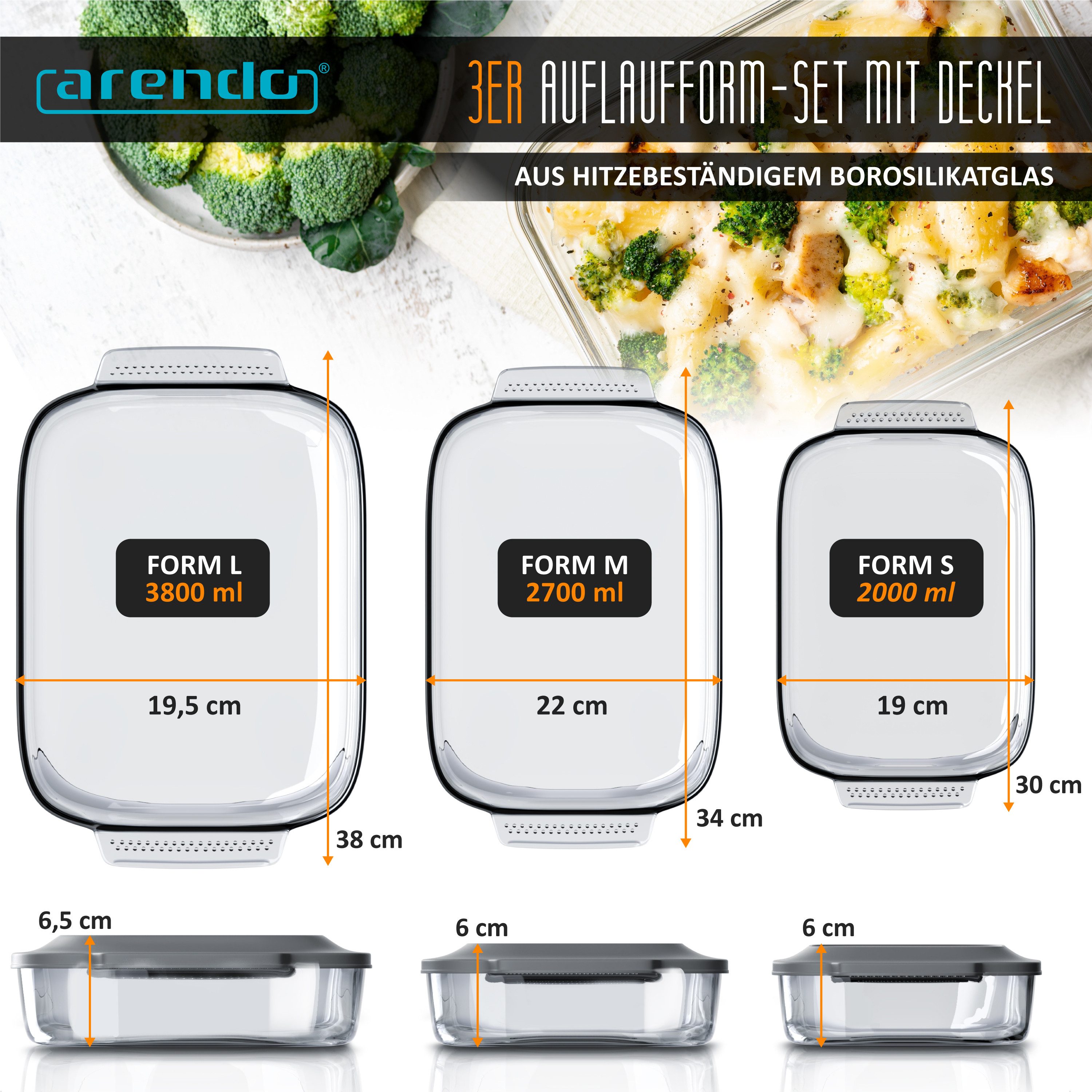 Arendo Auflaufform 3er Set 2000ml, 2700ml & 3800ml mit Deckel & Griffen, stapelbar, Glas, (3-St), Glasbehälter, Borosilikatglas, ofenfest, mikrowellengeeignet, BPA-frei