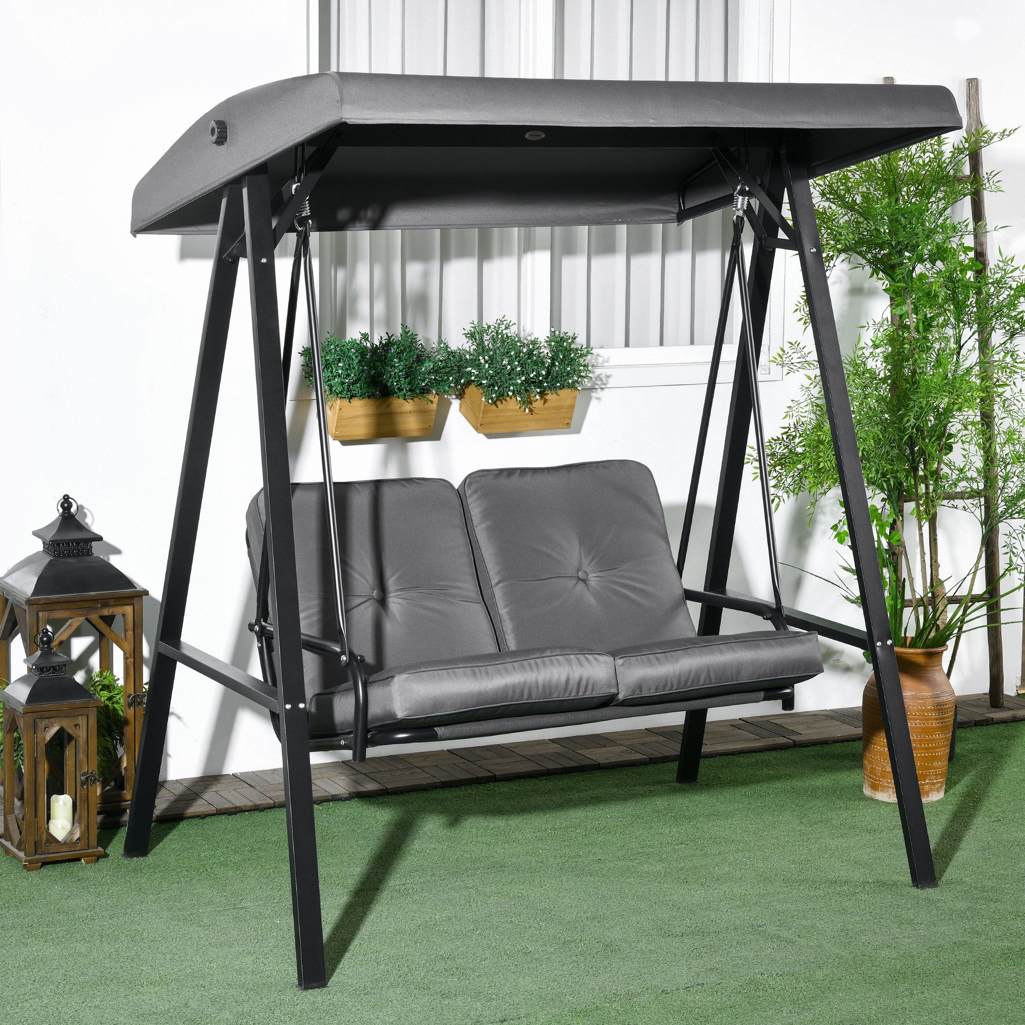 Outsunny Hollywoodschaukel mit Verstellbarem Dach, Kissen, 2-Sitzer, Verstellbares Dach, Schaukelbank, 1 tlg., Gartenschaukel, für Garten, Terrasse, Dunkelgrau, 145 x 116 x 172 cm
