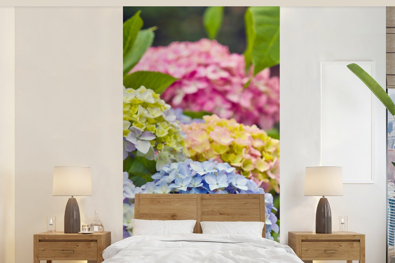 MuchoWow Fototapete Verschiedene Hortensienblüten, Matt, bedruckt, (2 St), Vliestapete für Wohnzimmer Schlafzimmer Küche, Fototapete