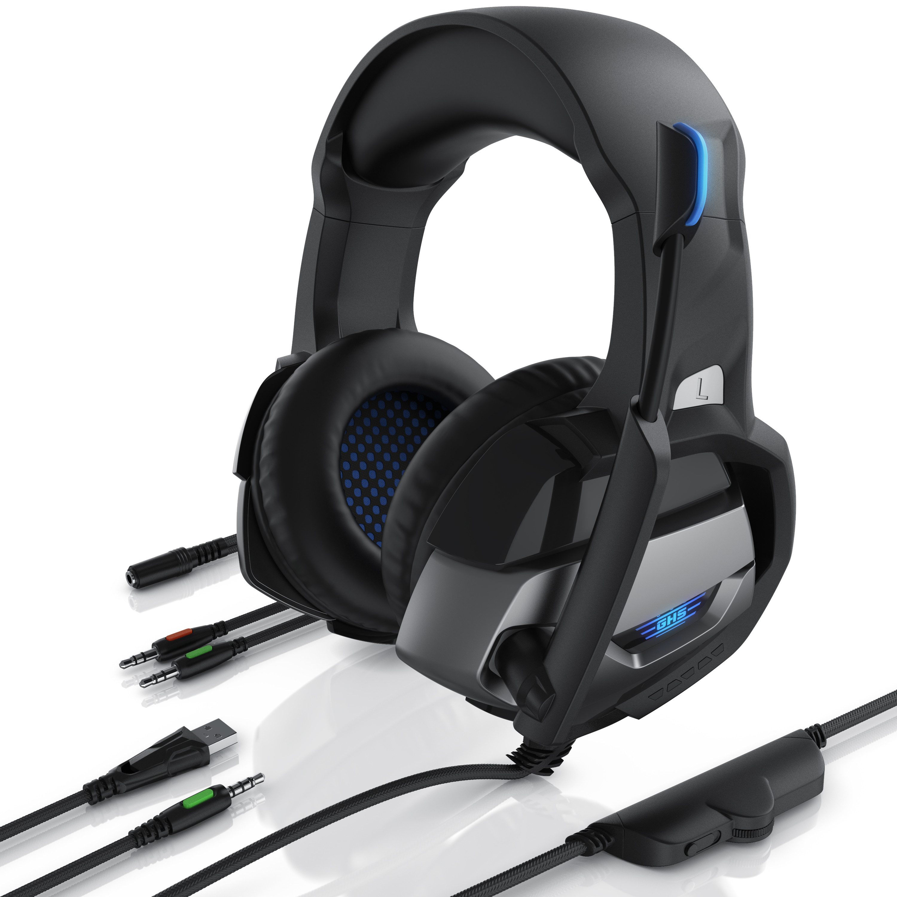 CSL Kopfhörer für PC, PS4 Pro, PS5, Xbox One S, Mikrofon, LED-Beleuchtung Gaming-Headset (Blaue LED-Beleuchtung; Kopfbügel variabel verstellbar; Bietet kristallklaren Hoch-, Mittel- und Tieftonbereich + dynamische Basswiedergabe, Klinke AUX, Klinkenanschluss, für Playstation, Xbox, Switch)