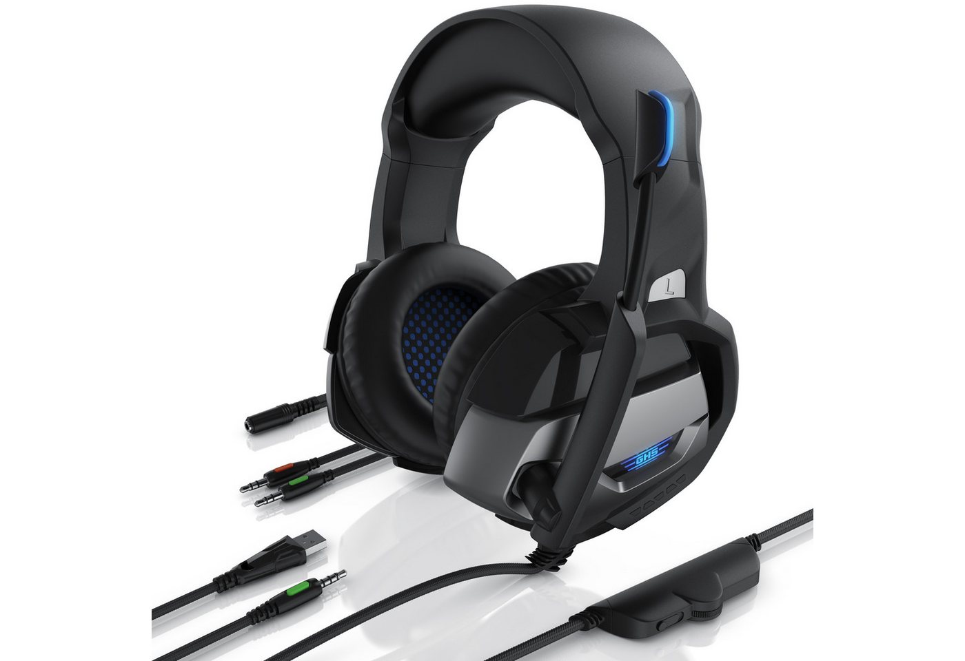 CSL Kopfhörer für PC, PS4 Pro, PS5, Xbox One S, Mikrofon, LED-Beleuchtung Gaming-Headset (Blaue LED-Beleuchtung, Kopfbügel variabel verstellbar, Bietet kristallklaren Hoch-, Mittel- und Tieftonbereich + dynamische Basswiedergabe, Klinke AUX, Klinkenanschl