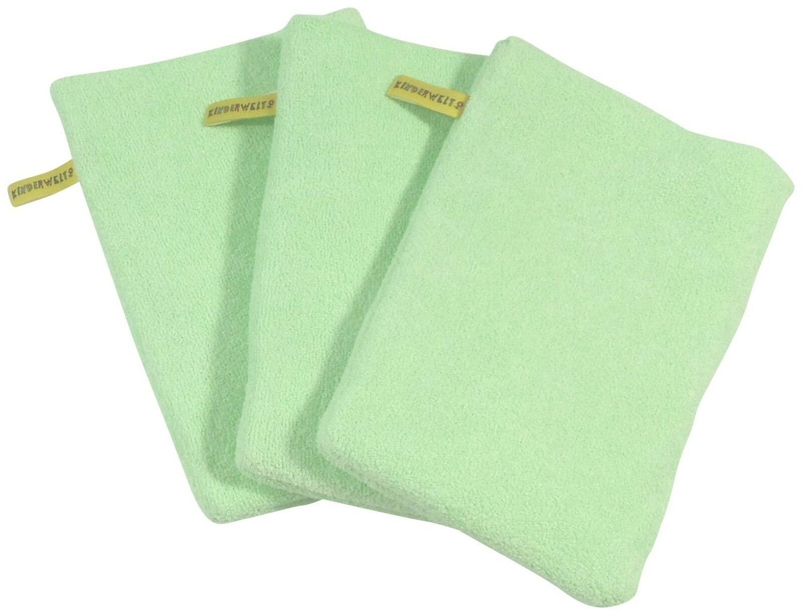 KiNDERWELT Waschhandschuh 3 x Baby Kinder Waschhandschuh grün (3-tlg), anschmiegsam, flauschig