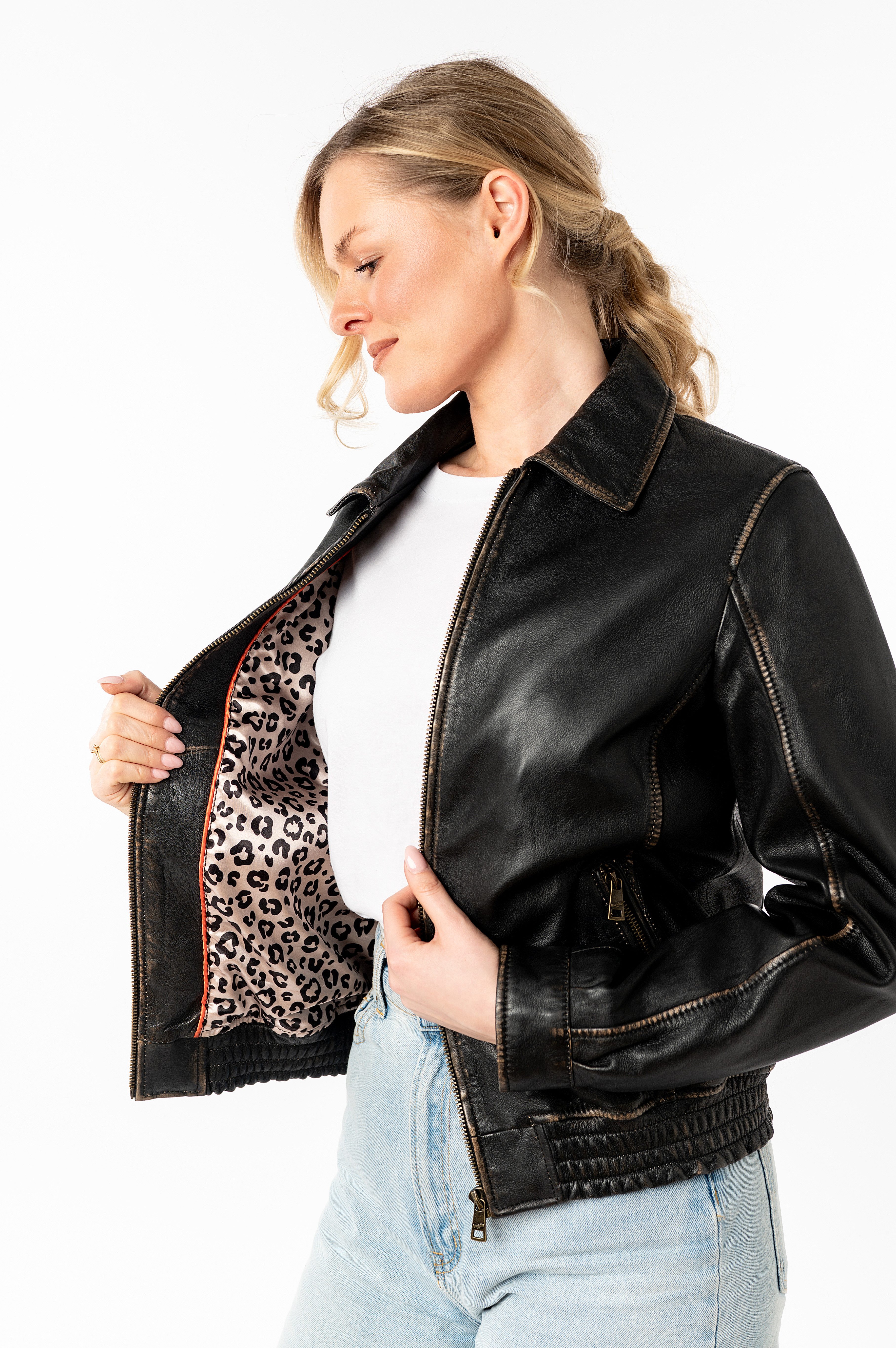 Mauritius Lederjacke MWBjanka mit elastischem Bund, Leo-Innenfutter