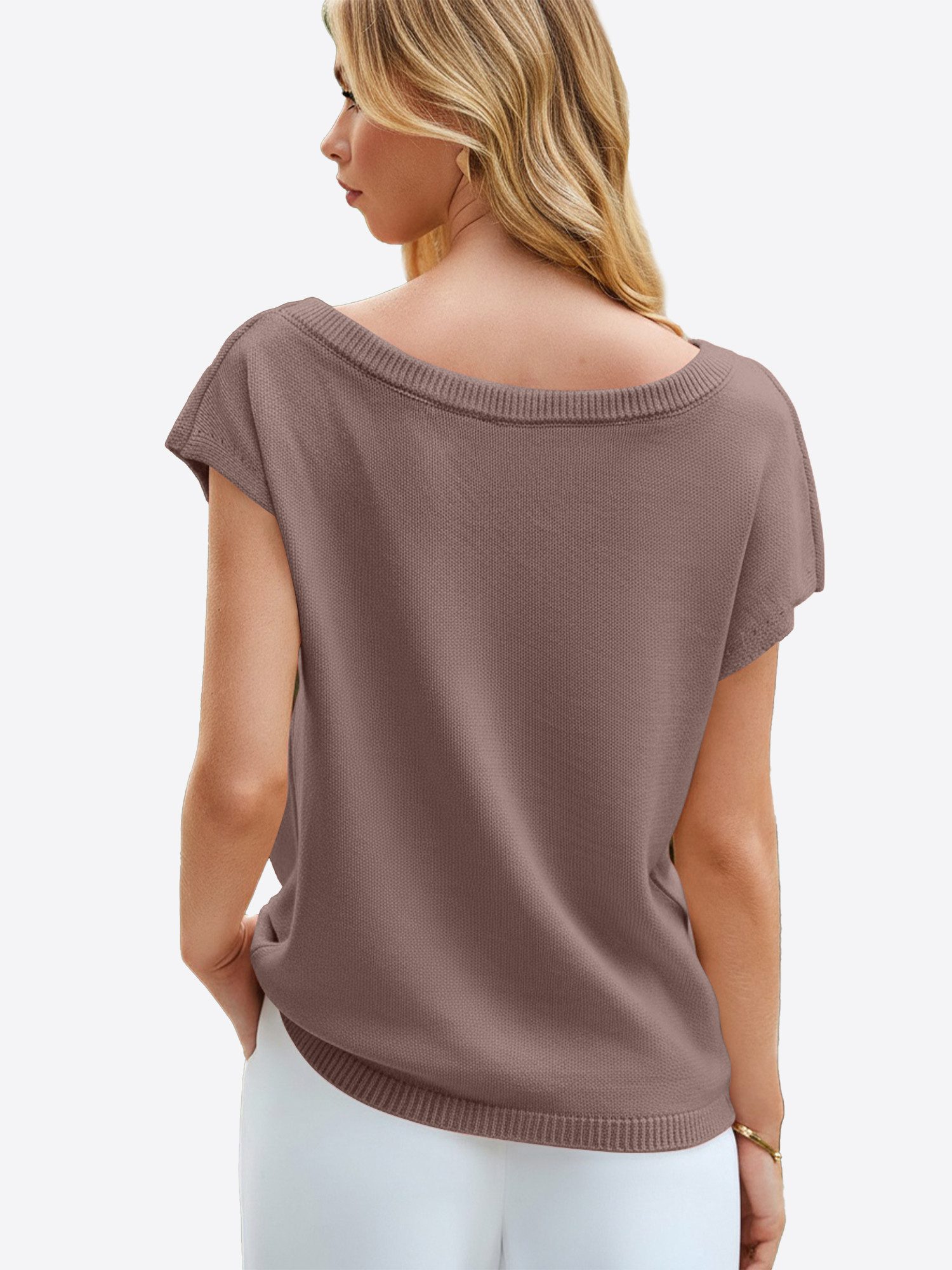 Imily Bela Stricktop Damen One-Shoulder Schulterfrei Kurzarm Rundhals Lässig Oberteil (Packung, 1-tlg., 1per-Pack) gehäkelt in Unifarbe
