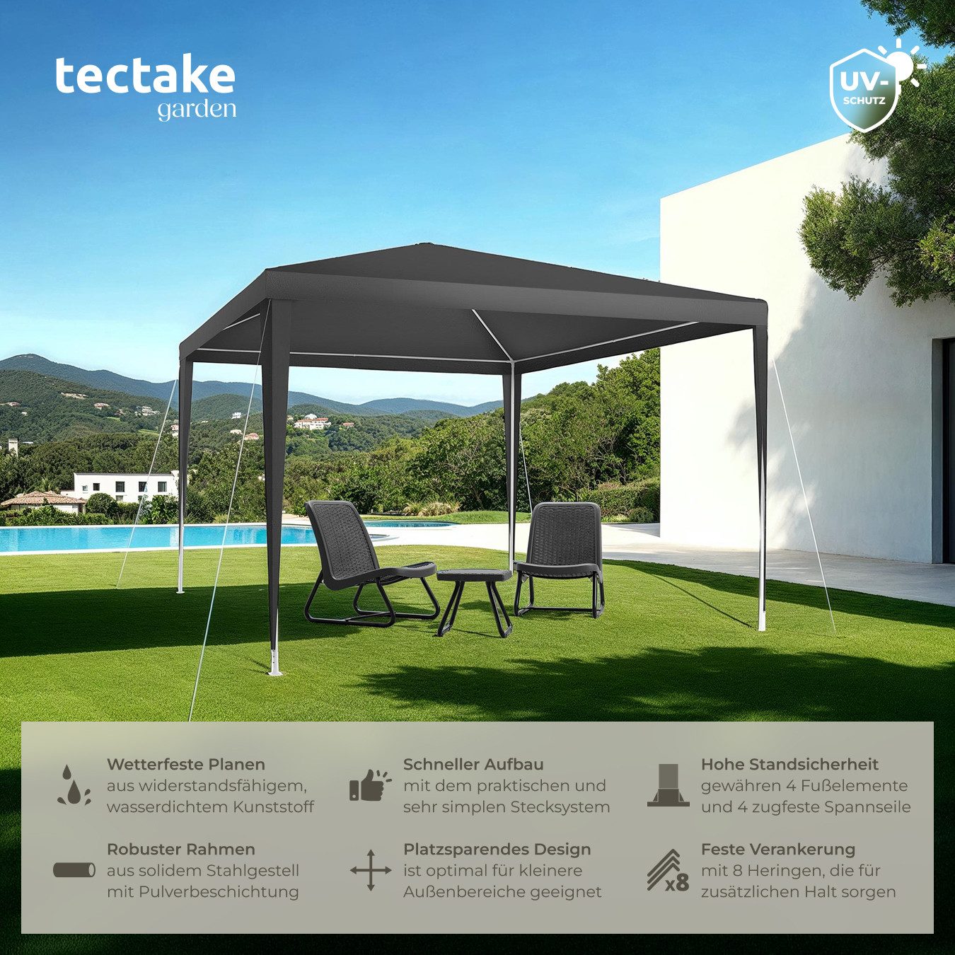 tectake Pavillon Partyzelt Farah, wasserdicht, Stecksystem, 3x3m mit UV-Sch günstig online kaufen