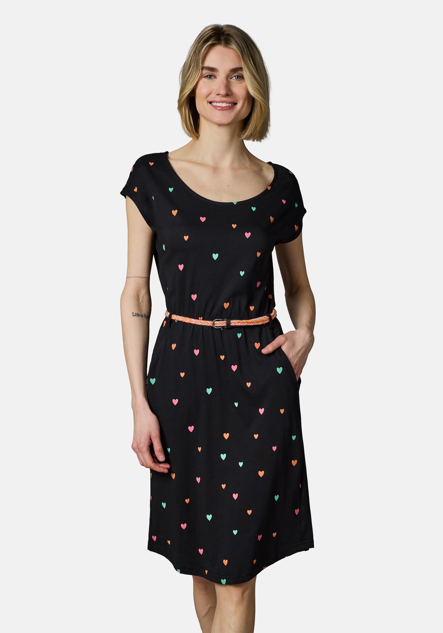 Ragwear Shirtkleid Lilithe Hearts YOUMODO Sommerkleid mit Herzchen-Print und Flechtgürtel