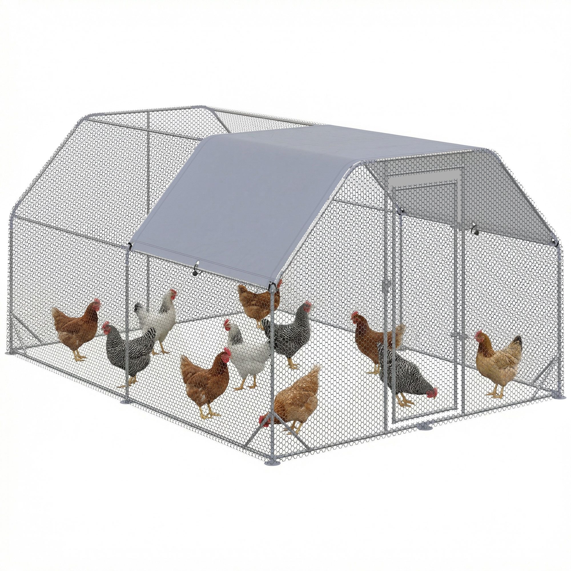 PawHut Hühnerstall Freilaufgehege, Hühnerkäfig mit Tür, Sonnenschutzdach, für Garten, Silber+Grau