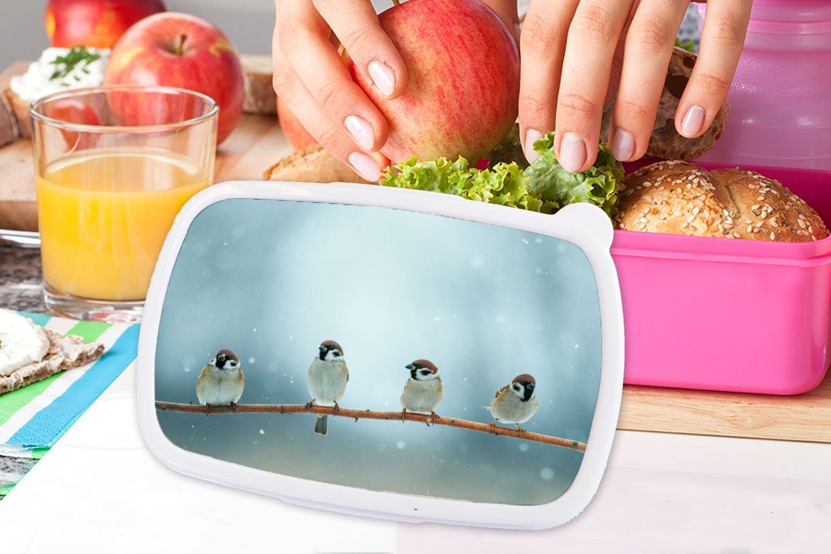 MuchoWow Lunchbox Vögel Kinder, - für Kunststoff, Spatz - Snackbox, Brotbox Brotdose (2-tlg), Schnee - Erwachsene, Kunststoff Mädchen, Winter, rosa