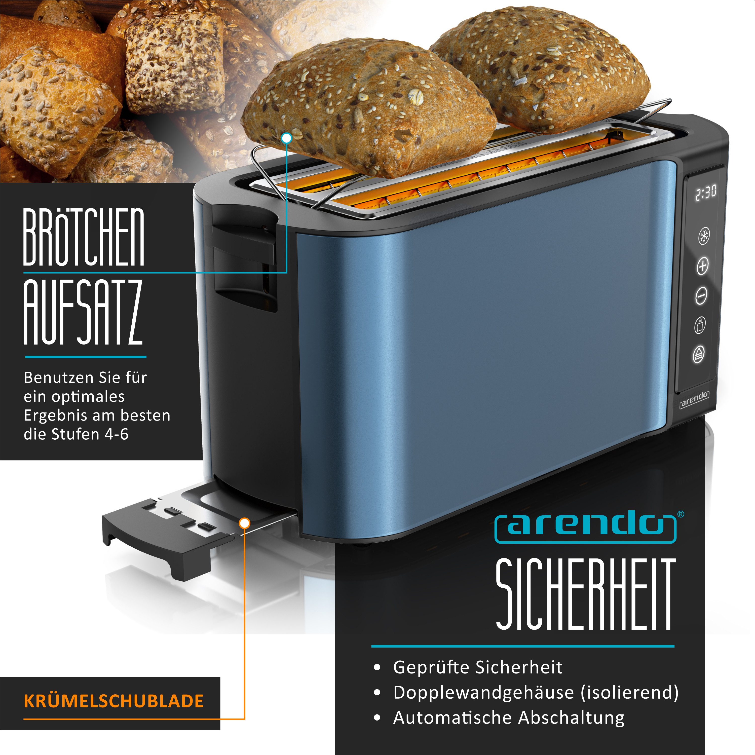 Arendo Toaster 4-Scheiben, Wärmeisoliertes Doppelwandgehäuse, Display Restzeitanzeige, 2 lange Schlitze, für 4 Scheiben, 1500 W, Langschlitz, Brötchenaufsatz, Brotscheibenzentrierung, Touchpanel