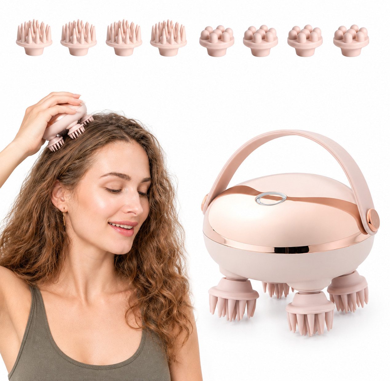 Forrlite Massagegerät elektrisches Kopfmassagegerät,handliches Kopfmassagegerät,2 modi, Rotes Lichtpflege,mit 8 Massageköpfen,IPX6,Geschenk, Scalp Massager,Anti-Stress-Massage, Silikon-Massageaufsätze,Golden