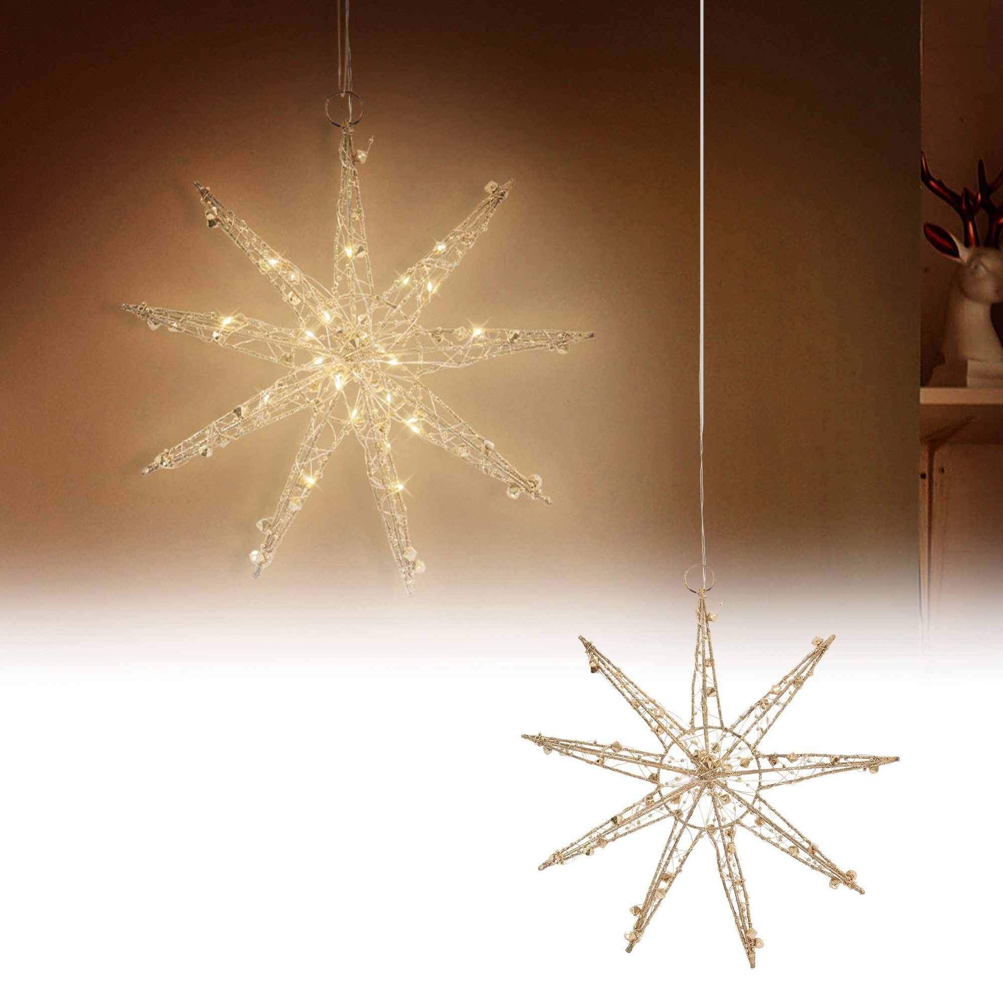 ECD Germany LED Stern Weihnachtsstern Weihnachten Schneeflocke Weihnachtsdeko Fensterdeko, LED, Warmweiß, LED 30cm warmweiß Gold batteriebetrieben Metall mit Timer