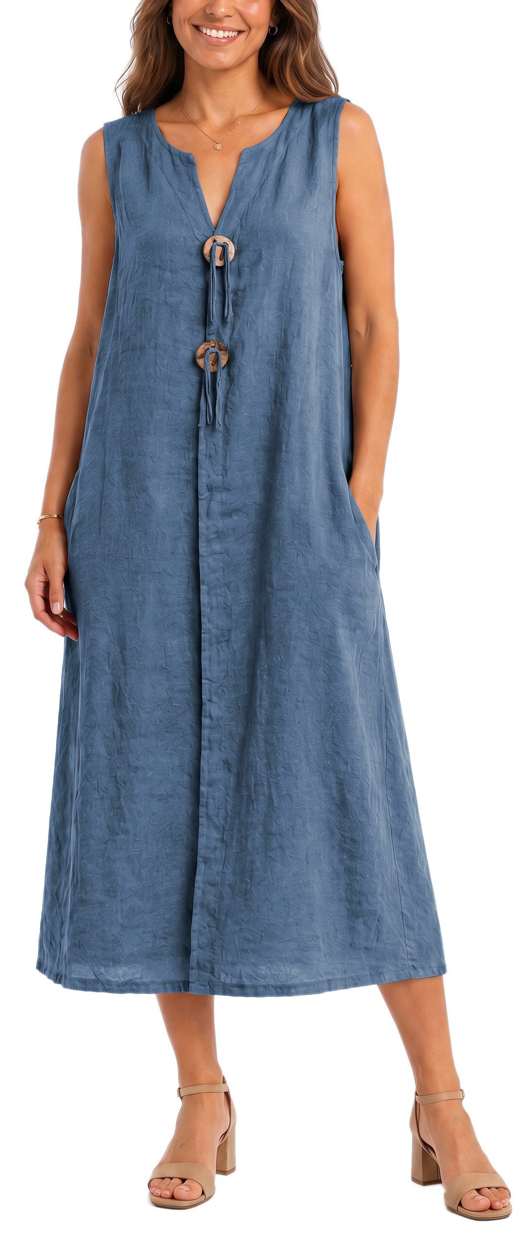 dy_mode Sommerkleid Damen Leinenkleid Luftiges Maxi Sommerkleid Strandkleid Damenkleid in Unifarbe, V-Ausschnitt, mit seitlichen Eingriffstaschen