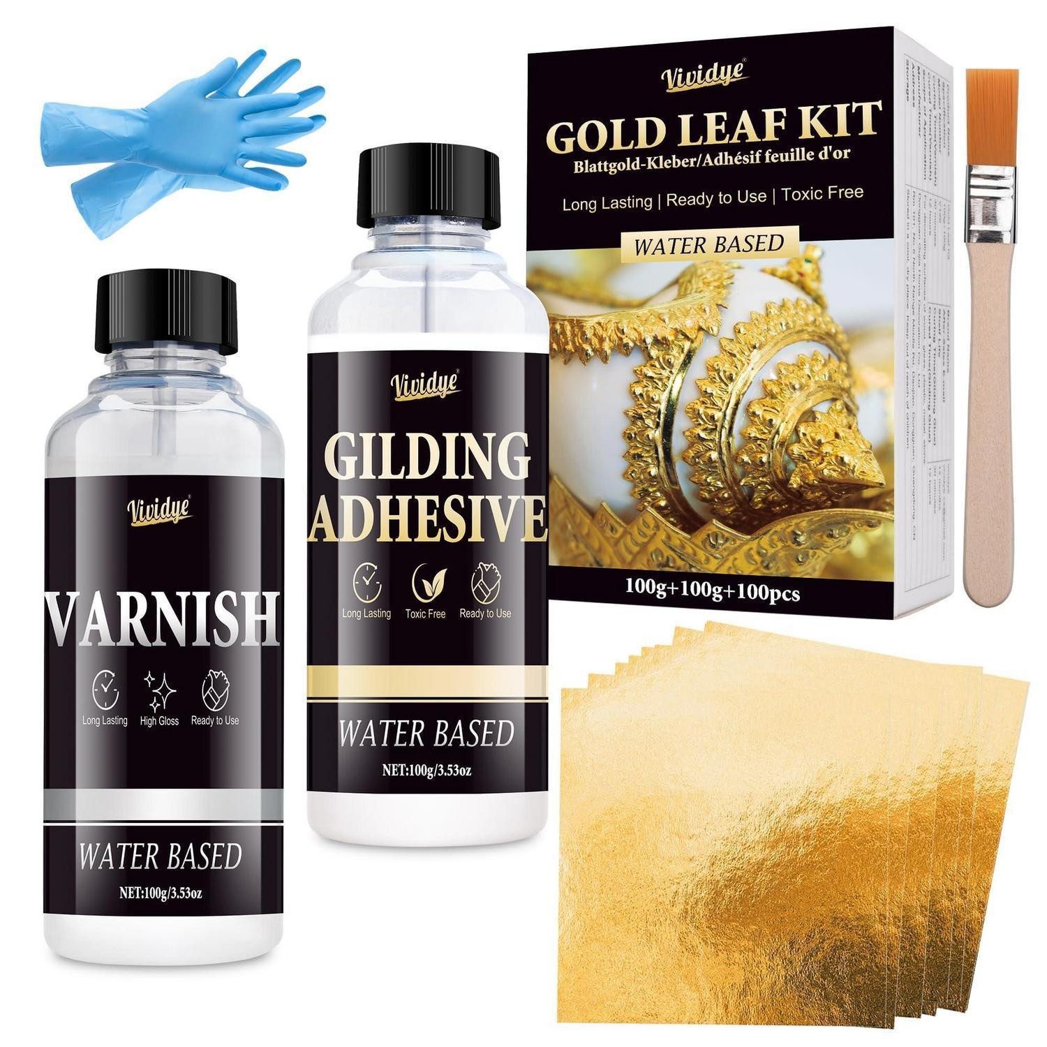 LuxusKollektion Bastelfilz Blattgold Kleber Set mit Schutzlack 100 Stk
