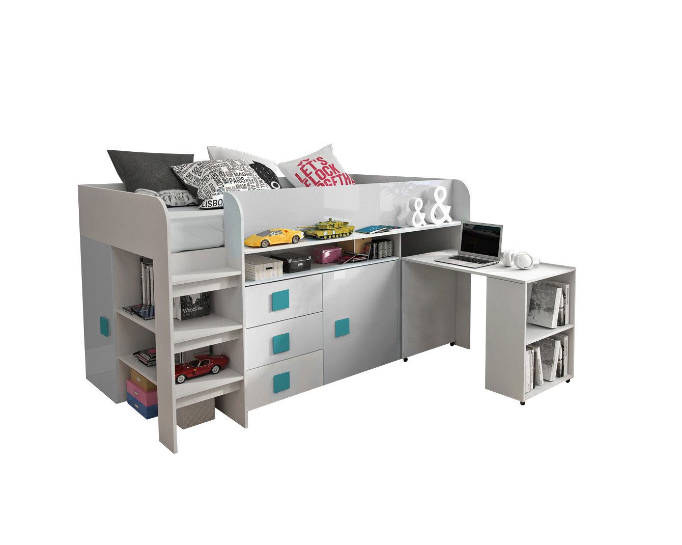 weiß Hochglanz / Griffe türkis