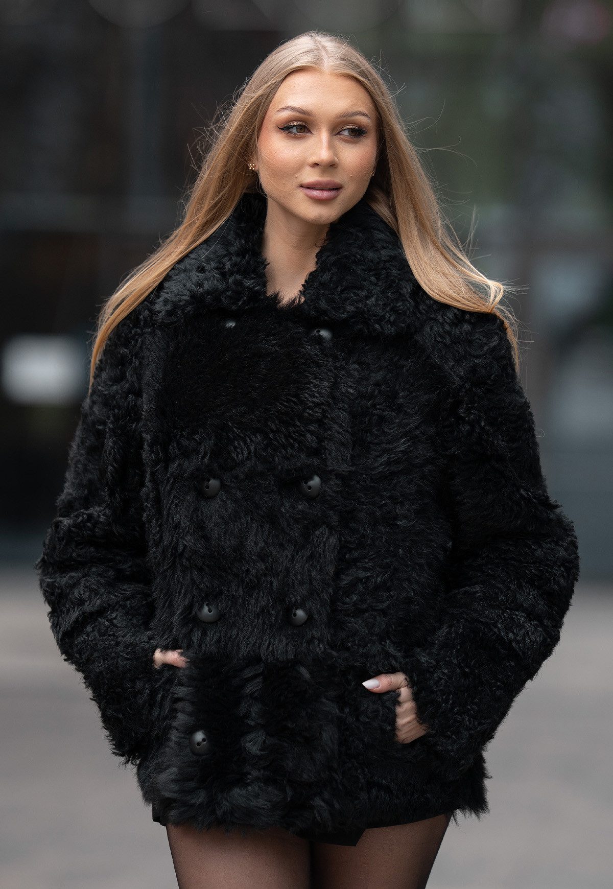 Hollert Winterjacke Damen Lammfelljacke Curly Sue Schwarz zum Wenden
