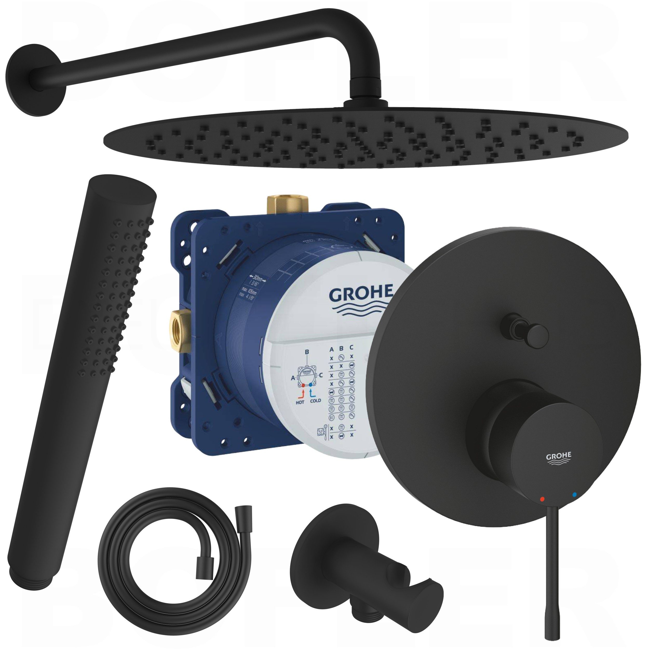 Grohe und Bofler Duscharmatur GROHE ESSENCE NEW Unterputz Armatur mit Umsteller + Rapido SmartBox (Unterputz Duschsystem, Duschanlage, inkl. BOFLER Duschset #2, Brauseset, Regendusche Ø30cm, Wandarm)