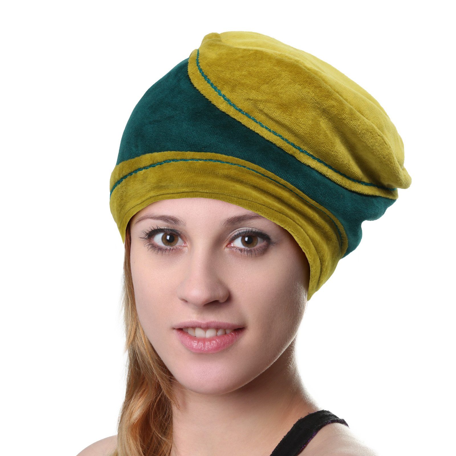 KUNST UND MAGIE Fleecemütze Mütze Hut aus Samt Fleecefutter Hippie Lagenlook Goa mit Ziernaht Petrol / Grün