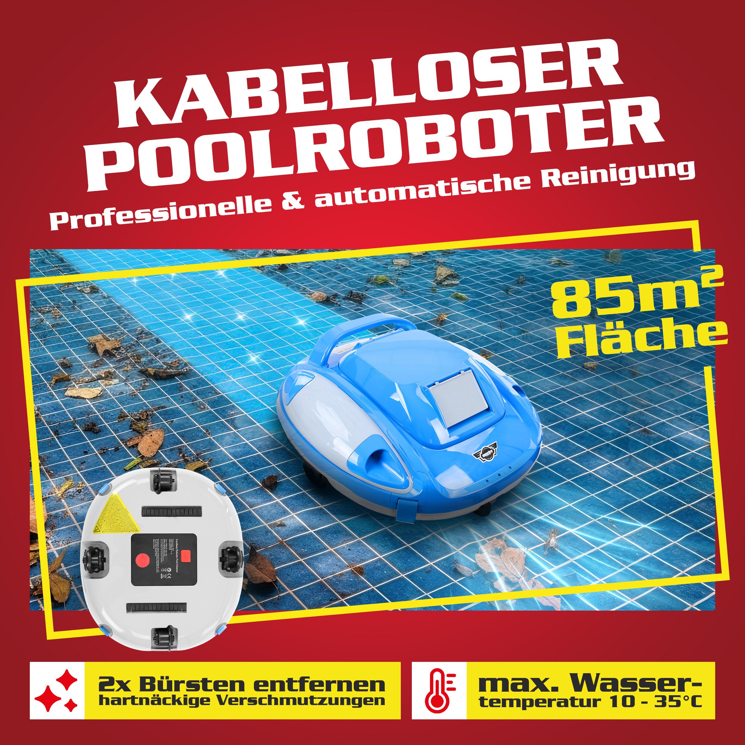 Hecht Poolroboter bis 85 m² mit 3,5 m³/h, 110 min Laufzeit mit 12V 5Ah Akku, 1-Klick-Bedienung, 3 kg, 2,5 m Tauchtiefe