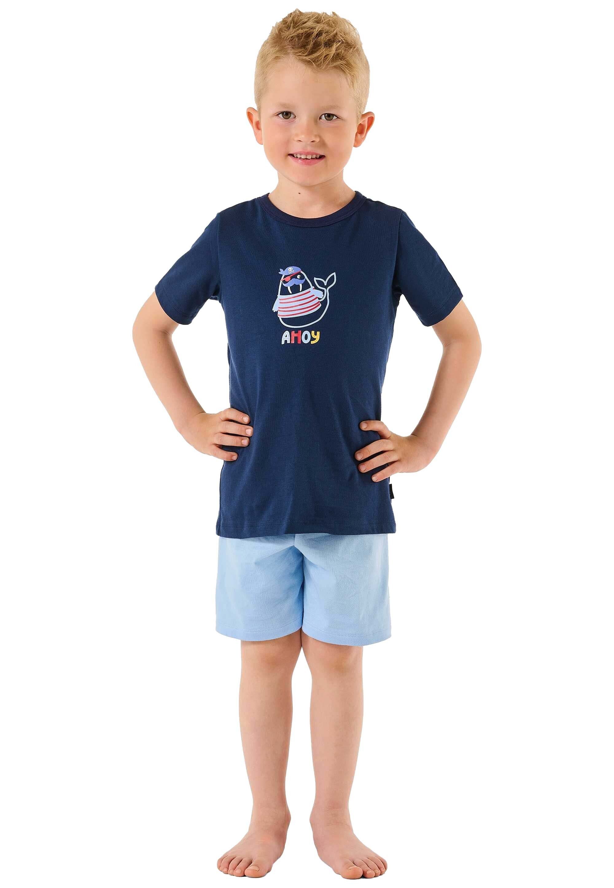 Kinder kurz, Pyjama Jungen Dunkelblau/Hellblau Set Schlafanzug Schiesser 2-tlg. -