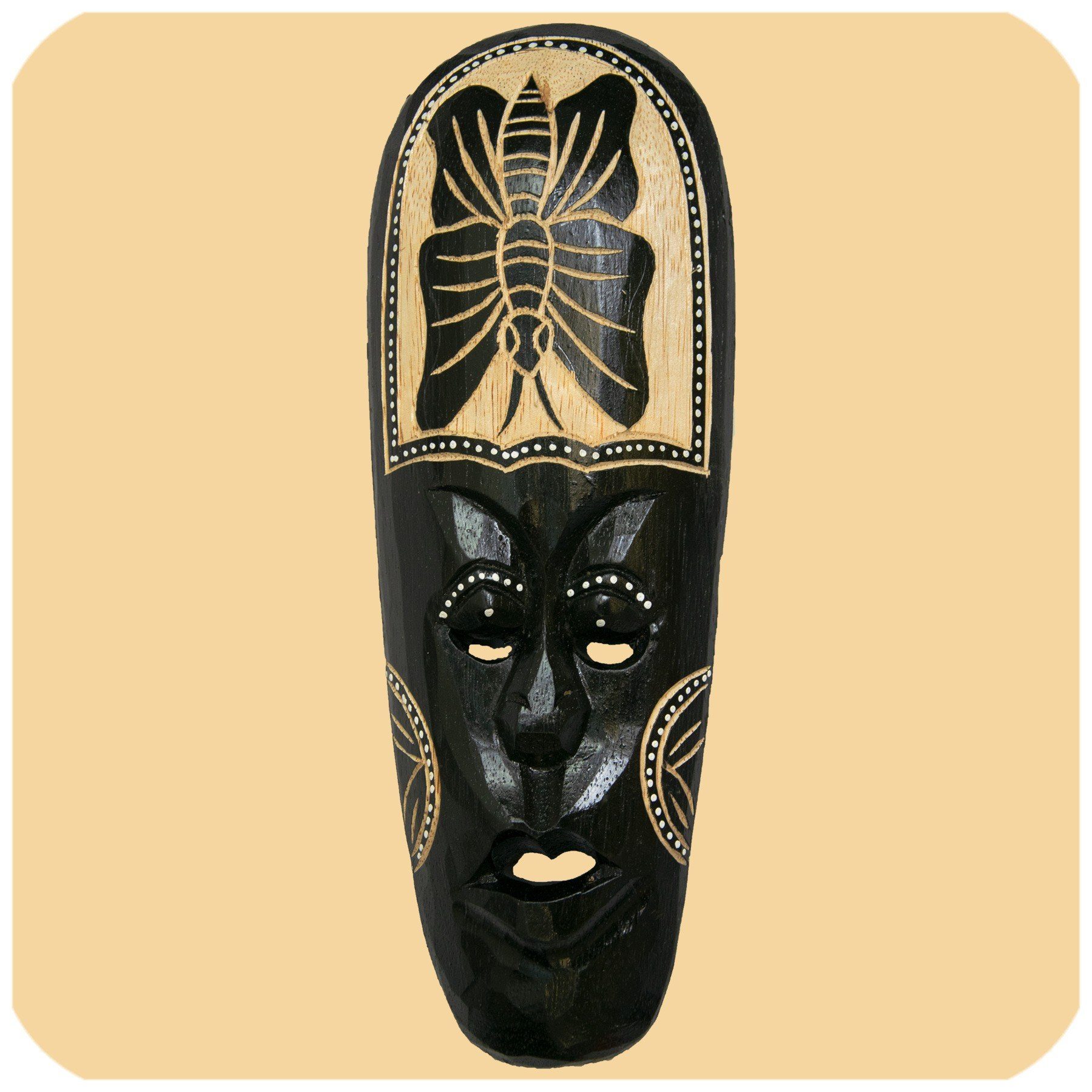 SIMANDRA Wanddekoobjekt Afrikanische Holzmaske geschnitzt 30 cm, mit Aufhängung Schildkröte Schmetterling Schlange