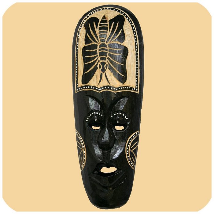 SIMANDRA Wanddekoobjekt Afrikanische Holzmaske geschnitzt 30 cm mit Aufhängung Schildkröte Schmetterling Schlange