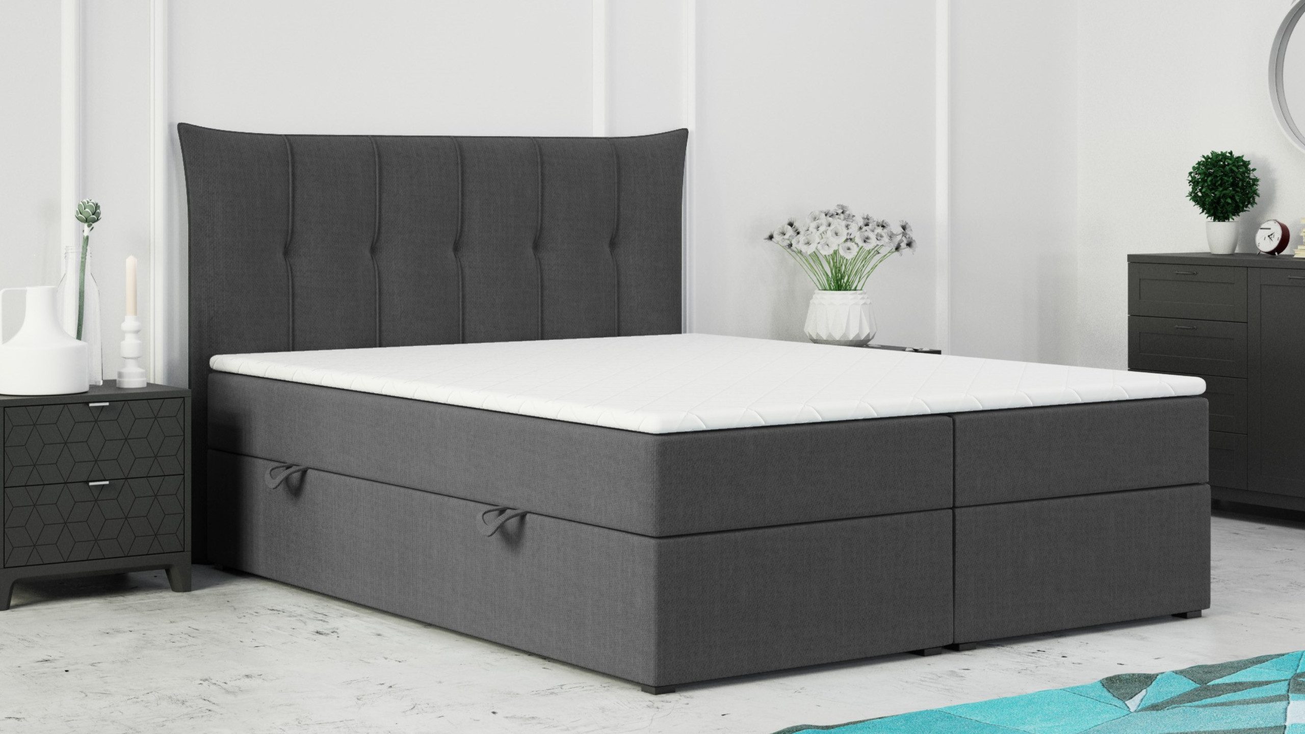 M-Punkt24 Boxspringbett Padua (Grau oder Schwarz, 180 x 200 cm), inkl. Bettkasten und Visco Topper, inklusive Matratze