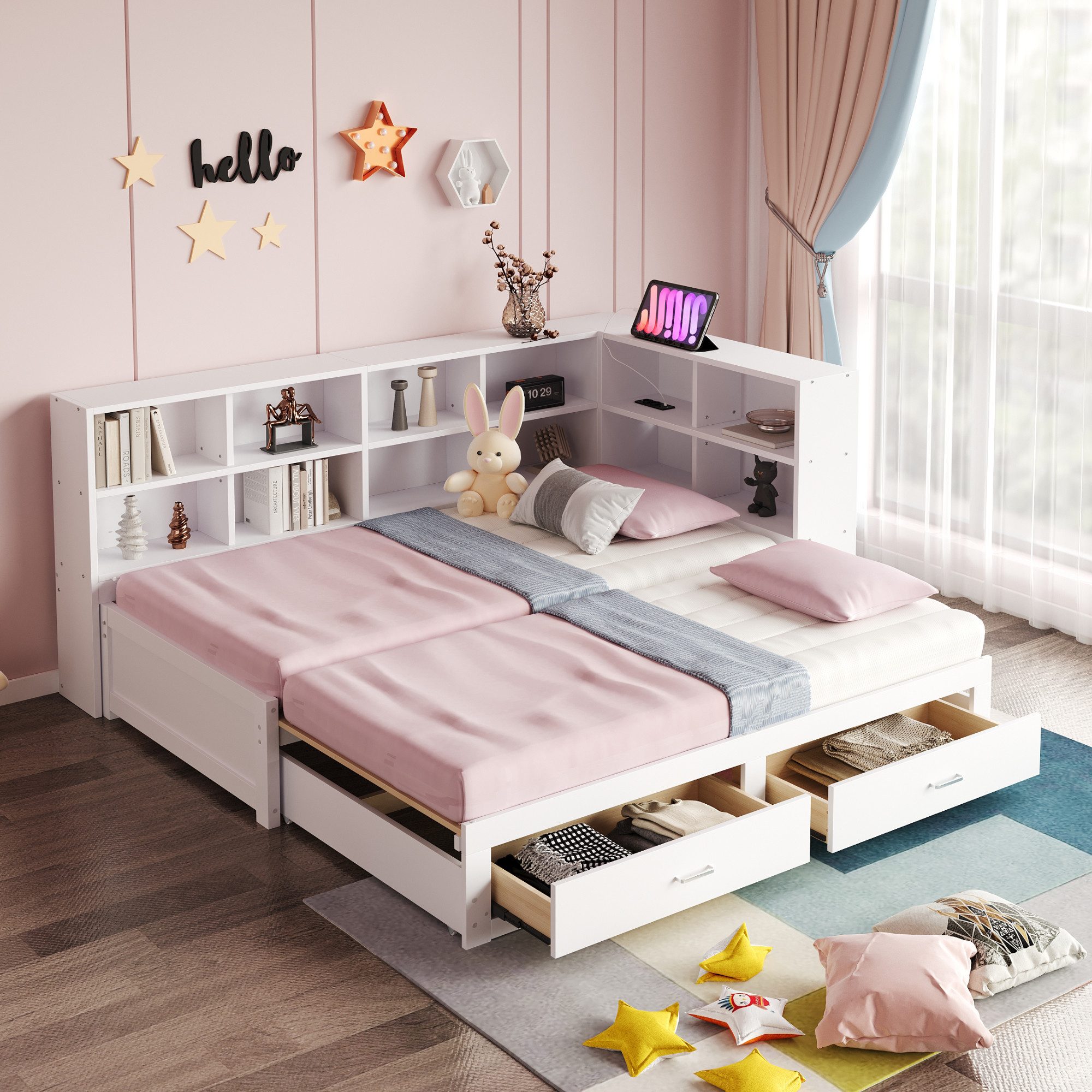 Merax Daybett 90/180x190cm mit USB-Steckdose (1 tlg), Ausziehbares Schlafsofa Kinderbett mit Ablagefächern und 2 Schubladen