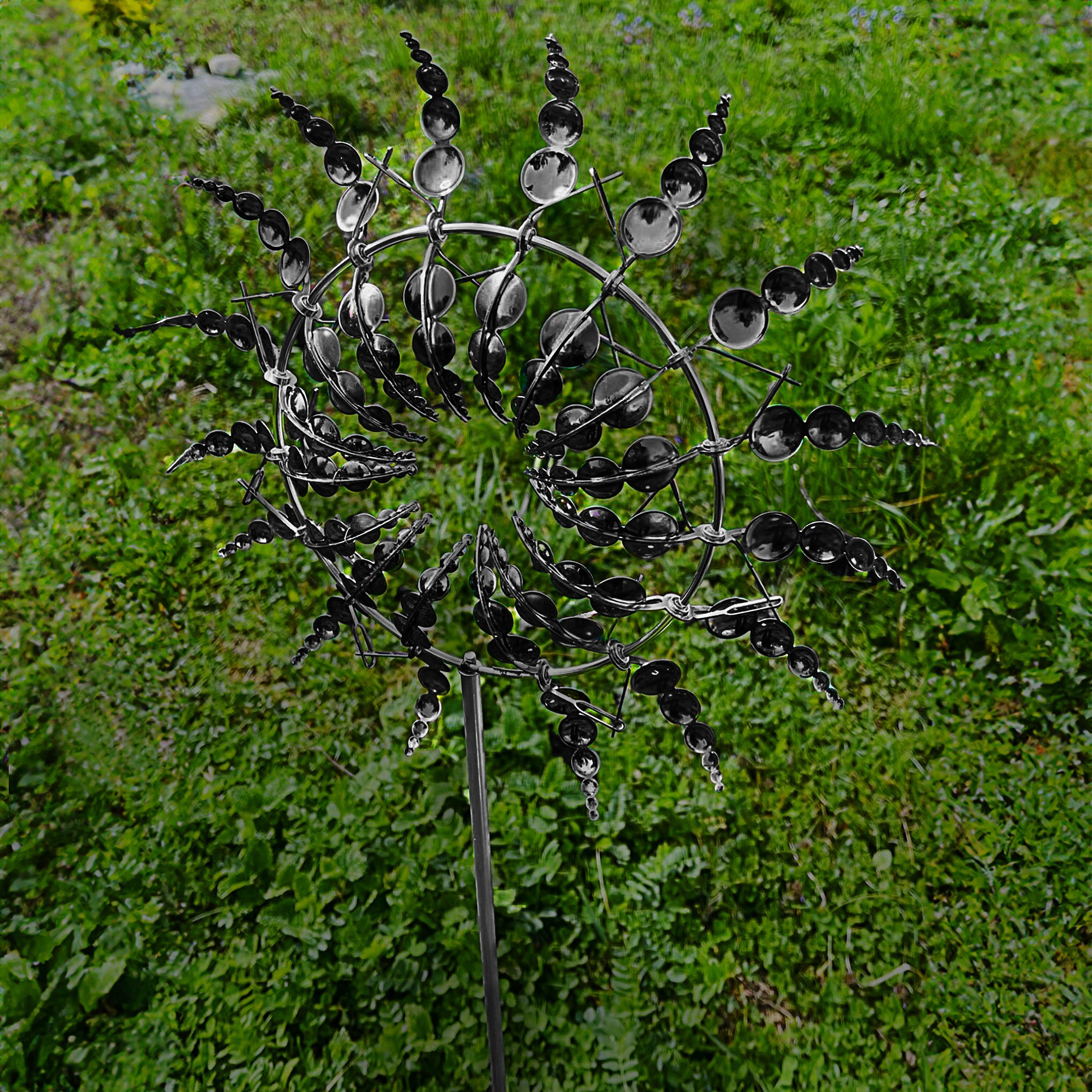 CEPEWA Windspiel Windrad 3D 16 Flügel Schwarz Metallic-Effekt Ø30xH100cm Erdspieß