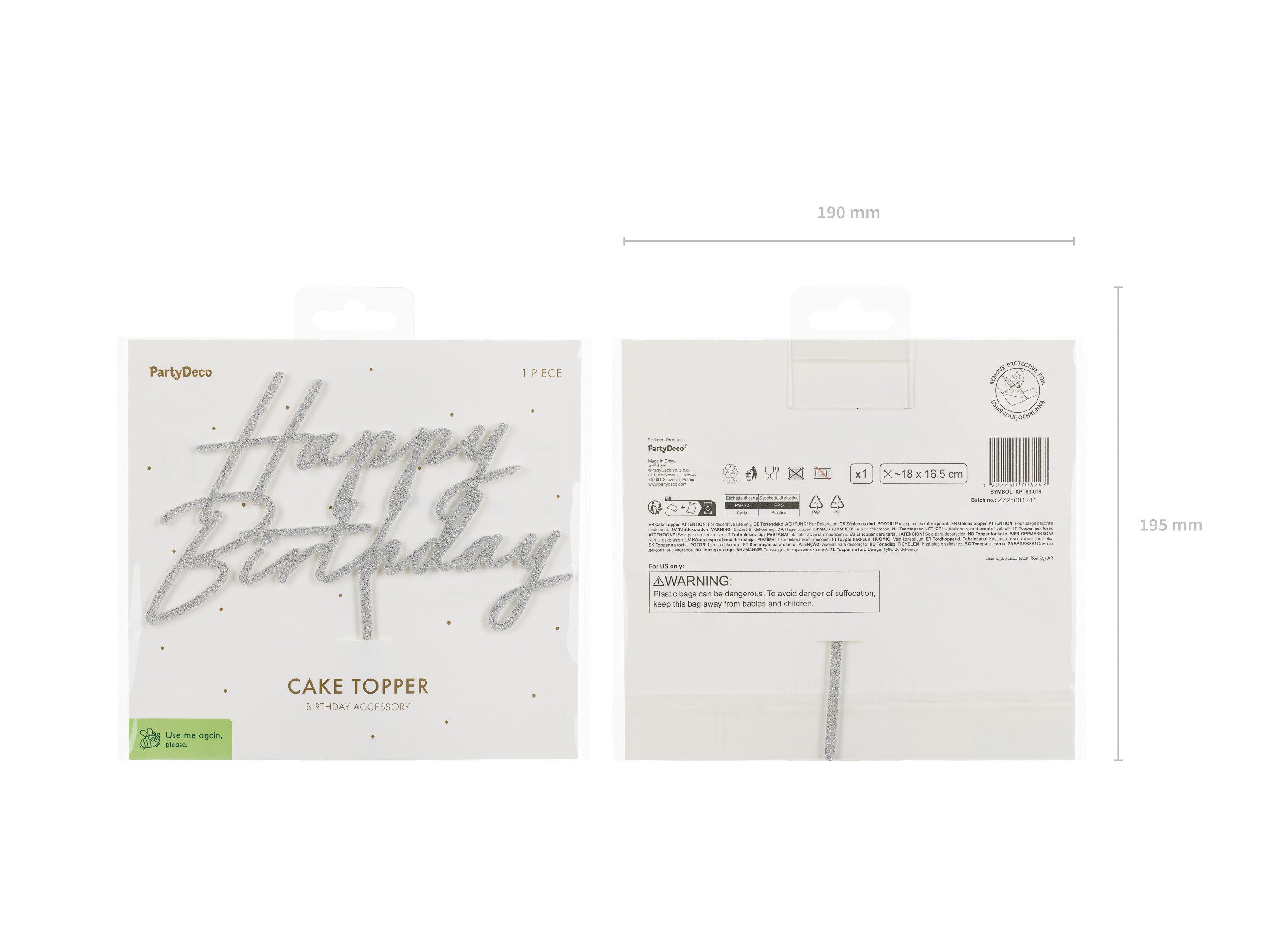 partydeco Tortenstecker, Cake Topper Happy Birthday 18x16,5cm Silber Glitzer