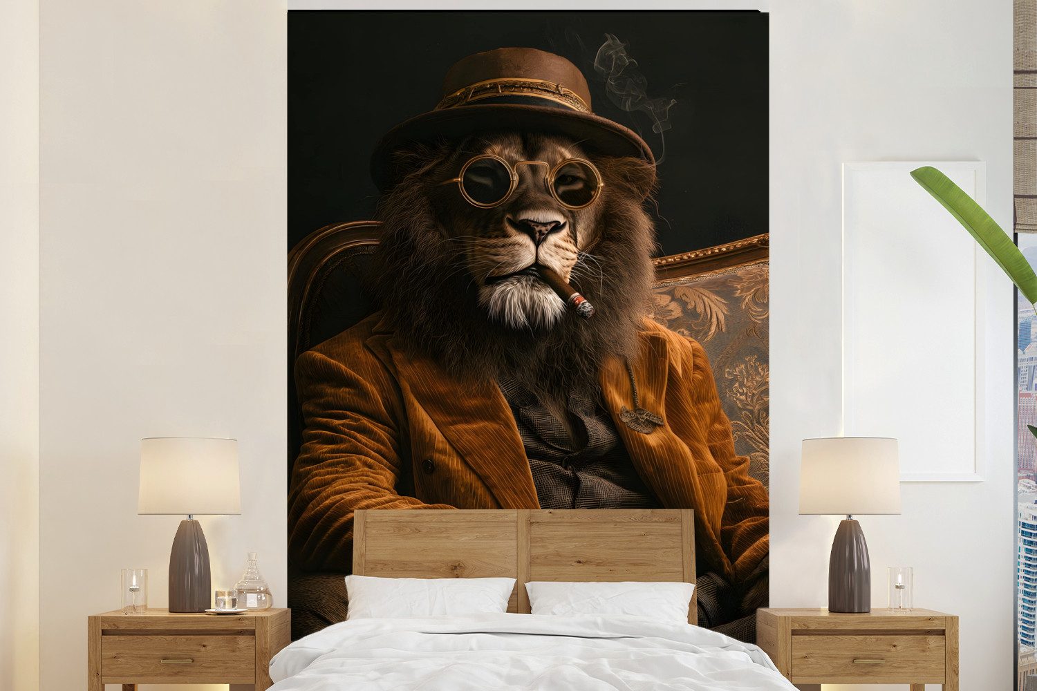 MuchoWow Fototapete Brille - Löwe - Bank - Hut, Matt, bedruckt, Vliestapete für Wohnzimmer Schlafzimmer Küche, Fototapete, 180x280 cm