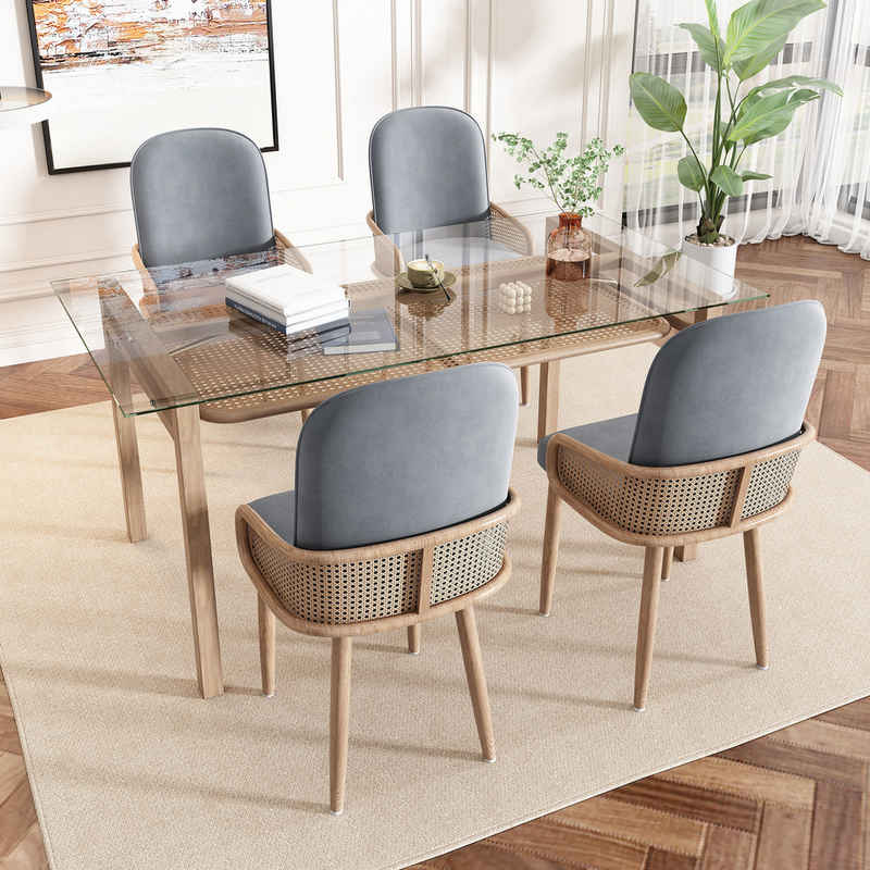 Flieks Essgruppe, (Set, 5-tlg., 1 Tisch und 4 Stühlen, Tisch mit Ablage), Esstisch mit 4 Stühlen Set Küchetisch Glas Esszimmerstuhl Rattan