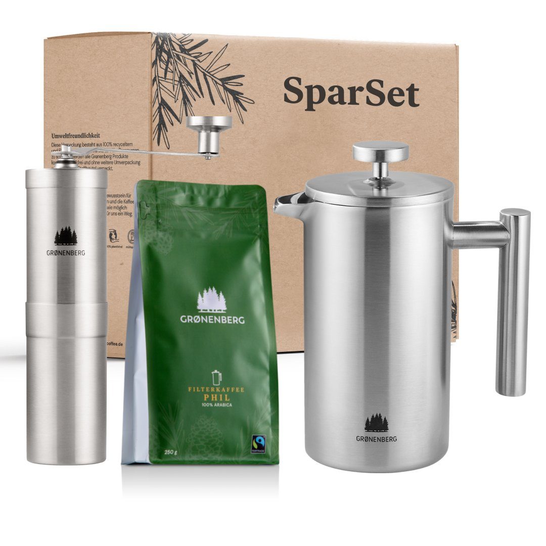 GRØNENBERG French Press Kanne Spar Set 3 Bio Kaffee 250g + Kaffeemühle