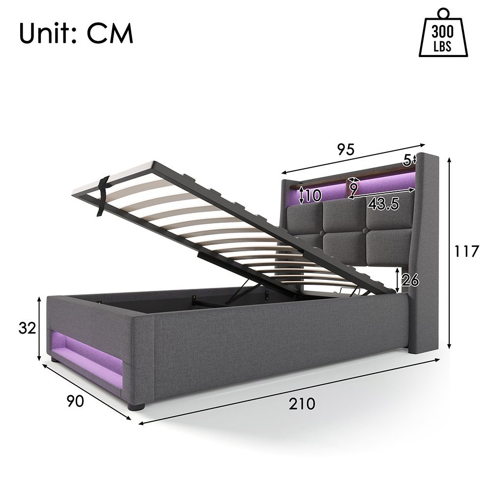 Polsterbett (Funktionsbett, 90x200 cm Hydraulisches Bett mit Lattenrost), Stauraumbett mit LED-Beleuchtung und USB-Anschluss, Baumwolle-Leinen
